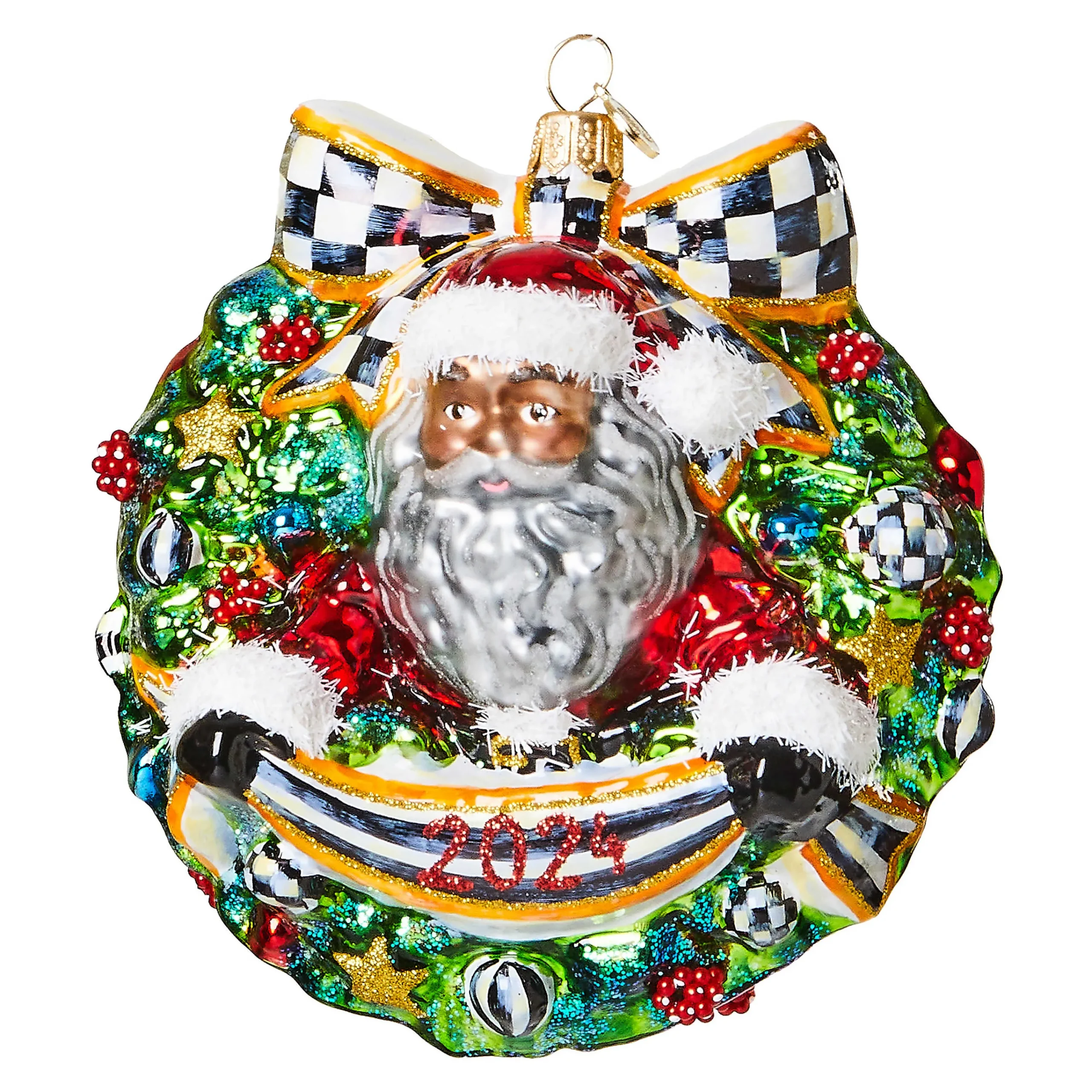 MacKenzie-Childs 2024 Black Santa Glass Wreath Ornament| Holiday