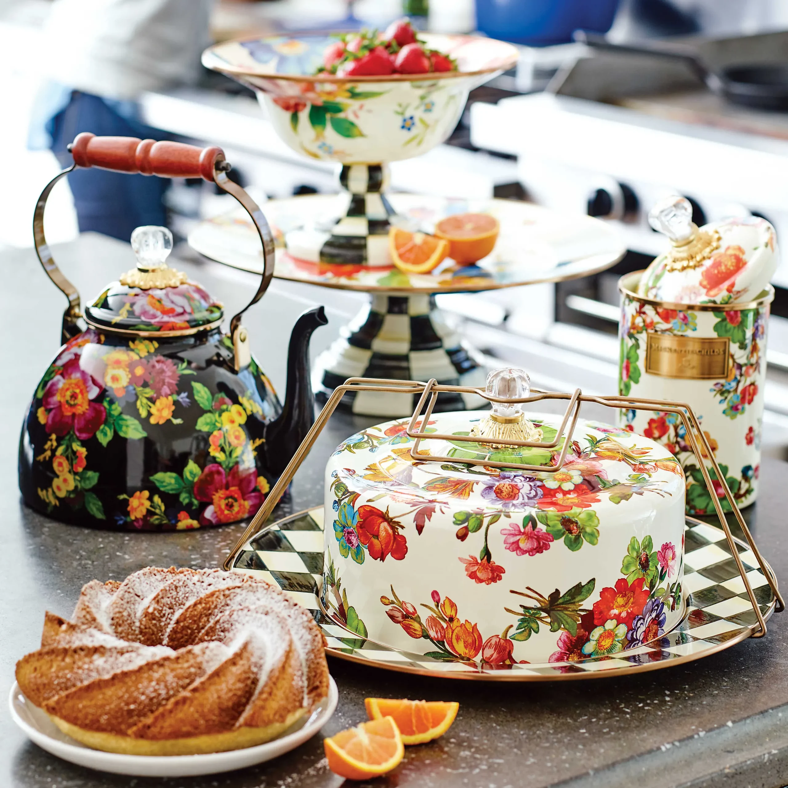 MacKenzie-Childs Black Flower Market 3 Quart Tea Kettle| Tea Kettles