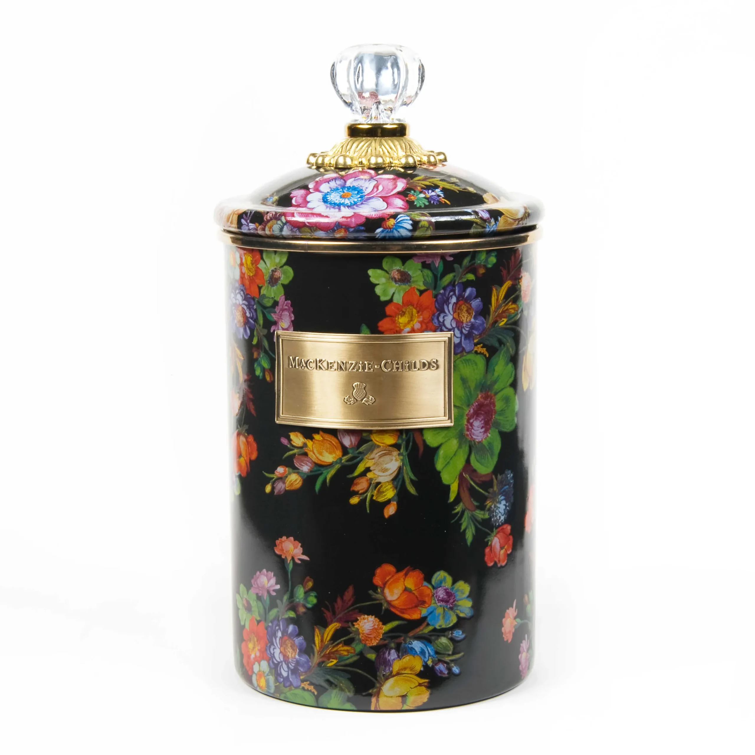 MacKenzie-Childs Black Flower Market Large Canister| Room Accents|Kitchen Storage & Organization