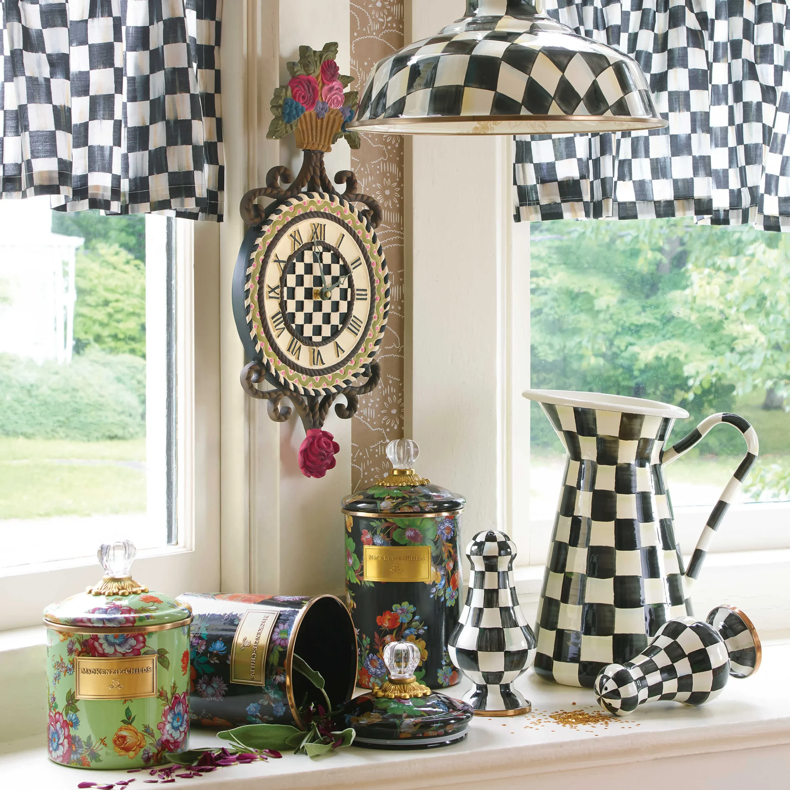 MacKenzie-Childs Black Flower Market Medium Canister| Room Accents|Kitchen Storage & Organization