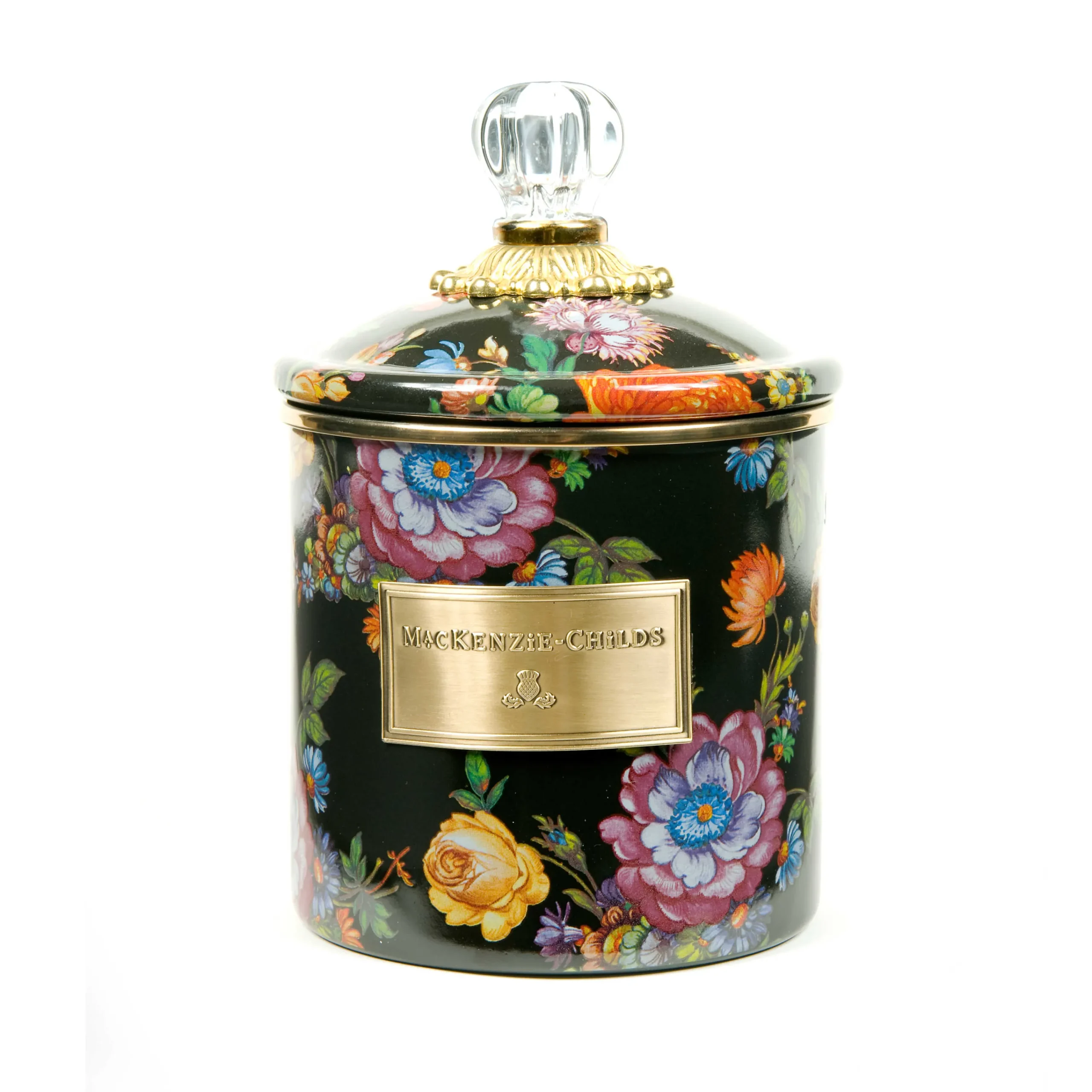 MacKenzie-Childs Black Flower Market Small Canister| Room Accents|Kitchen Storage & Organization