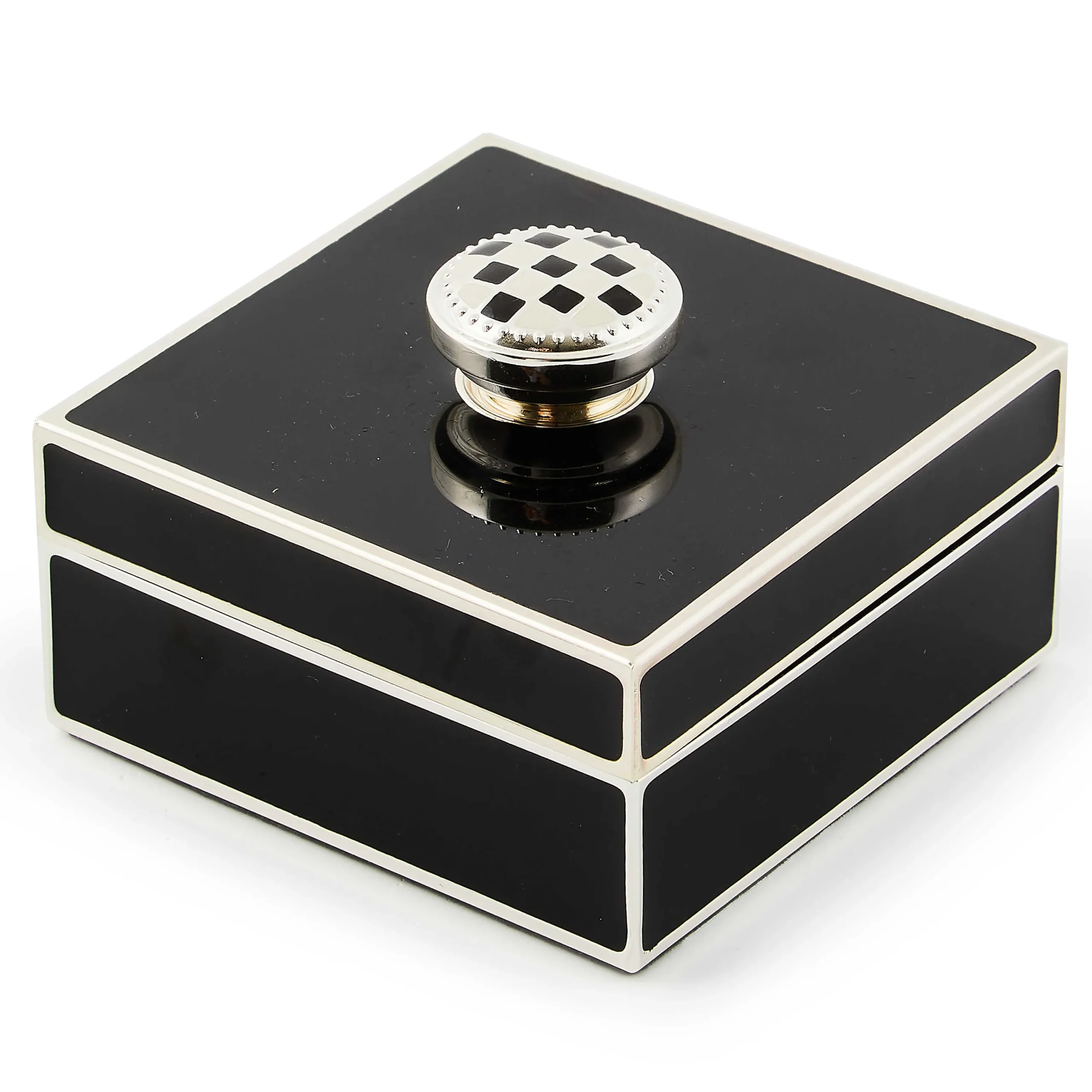 MacKenzie-Childs Black Silver Plated Trinket Box with Check Knob| Room Accents