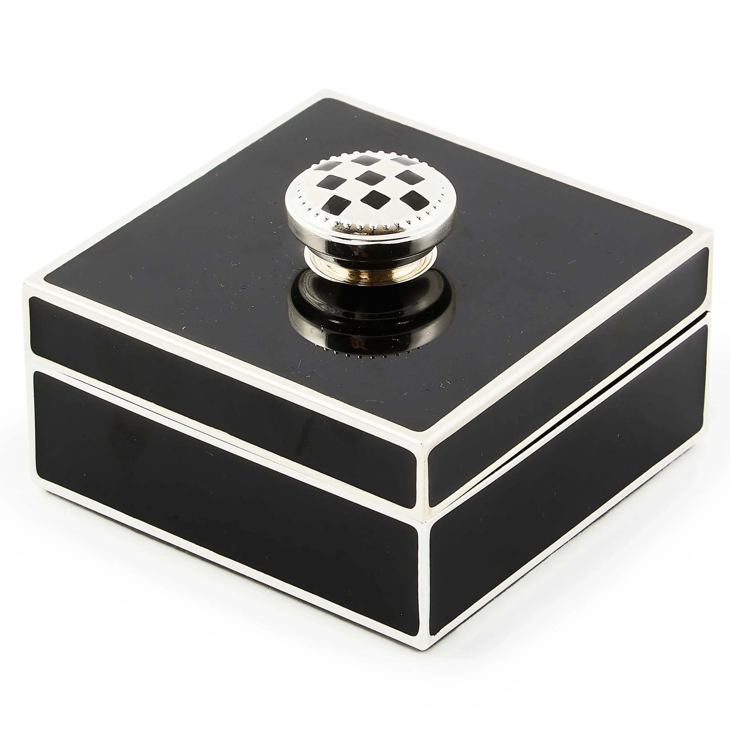 MacKenzie-Childs Black Silver Plated Trinket Box with Check Knob| Room Accents