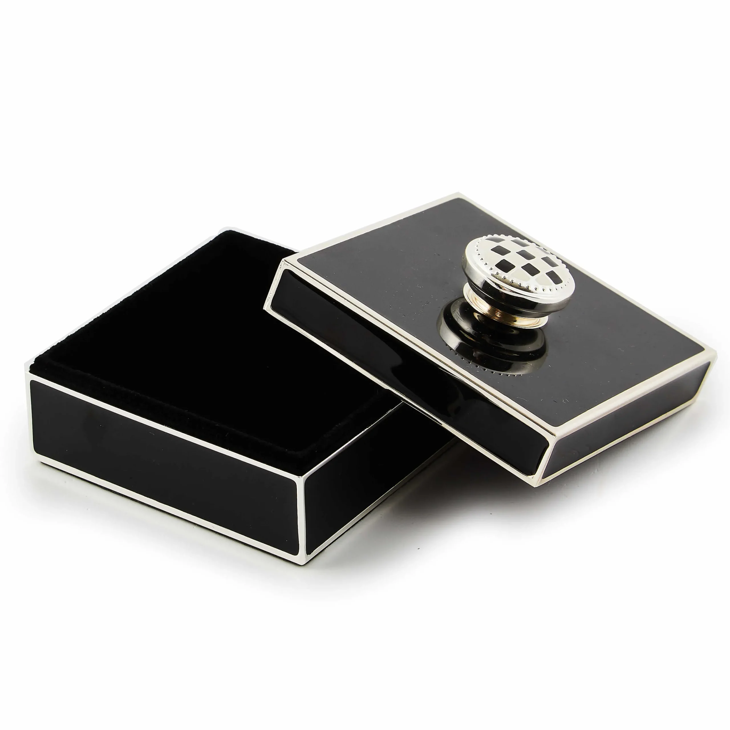 MacKenzie-Childs Black Silver Plated Trinket Box with Check Knob| Room Accents