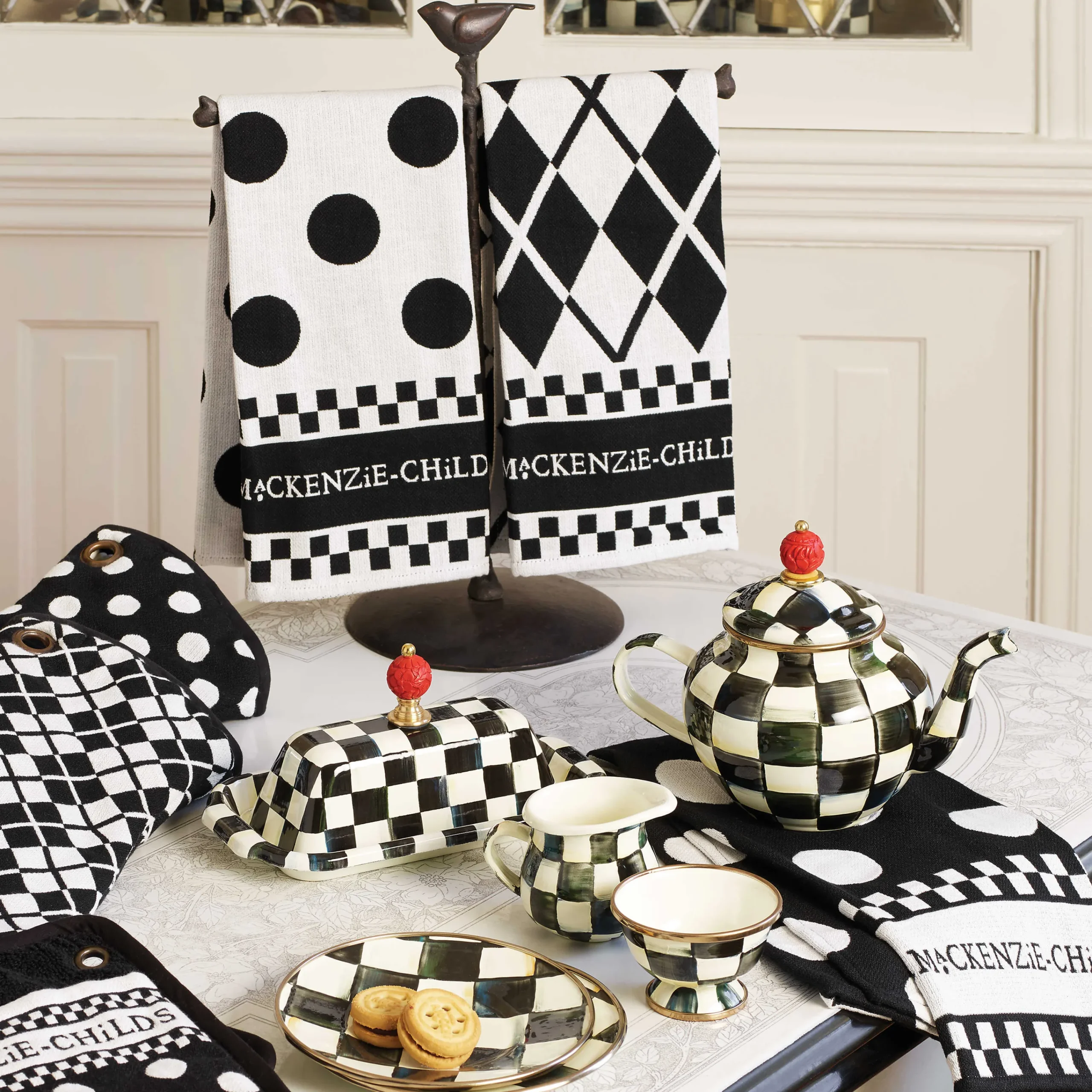 MacKenzie-Childs Black White Dot Dish Towels, Set of 3| Kitchen & Table Linens