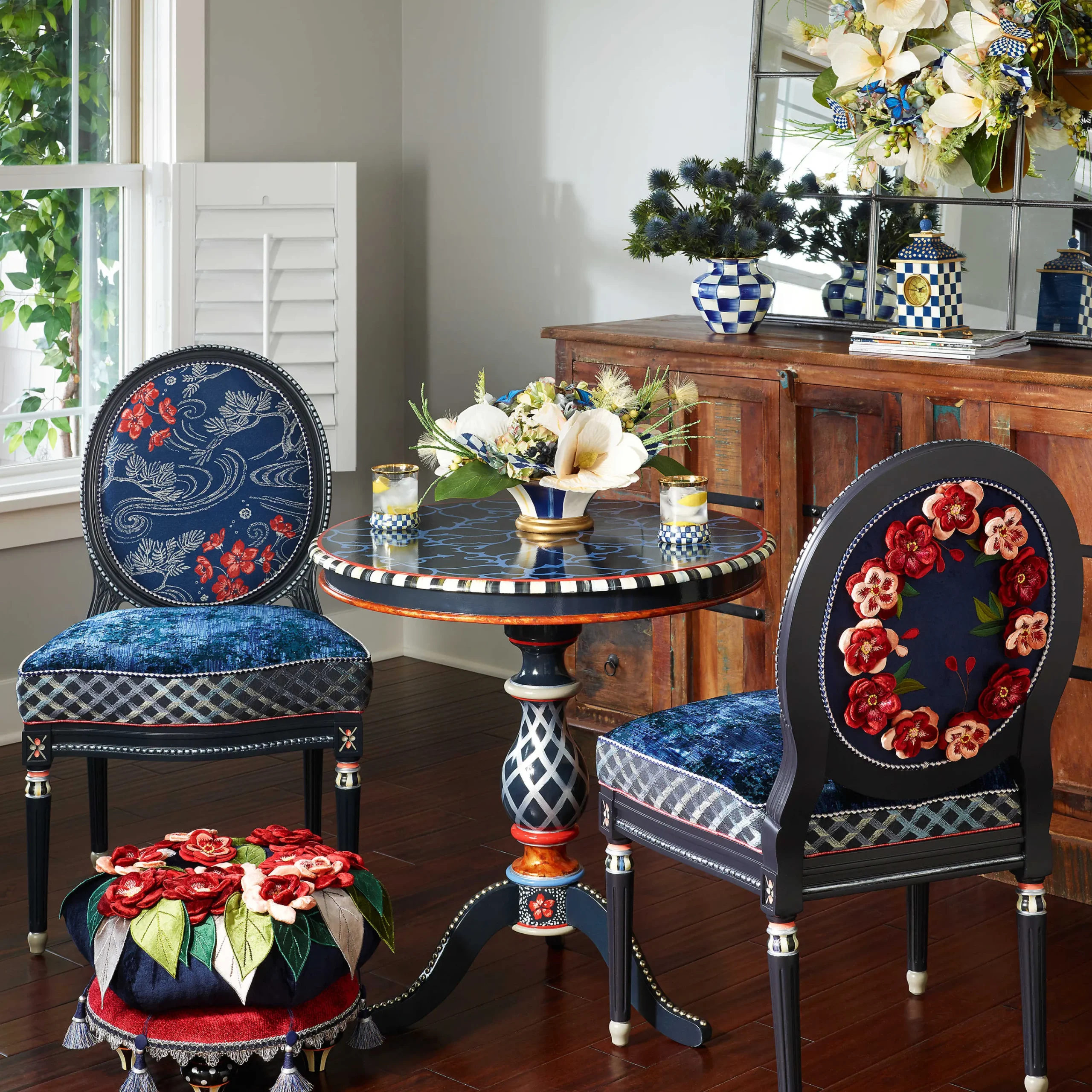 MacKenzie-Childs Bluetopia Kitano Footstool| Living Room