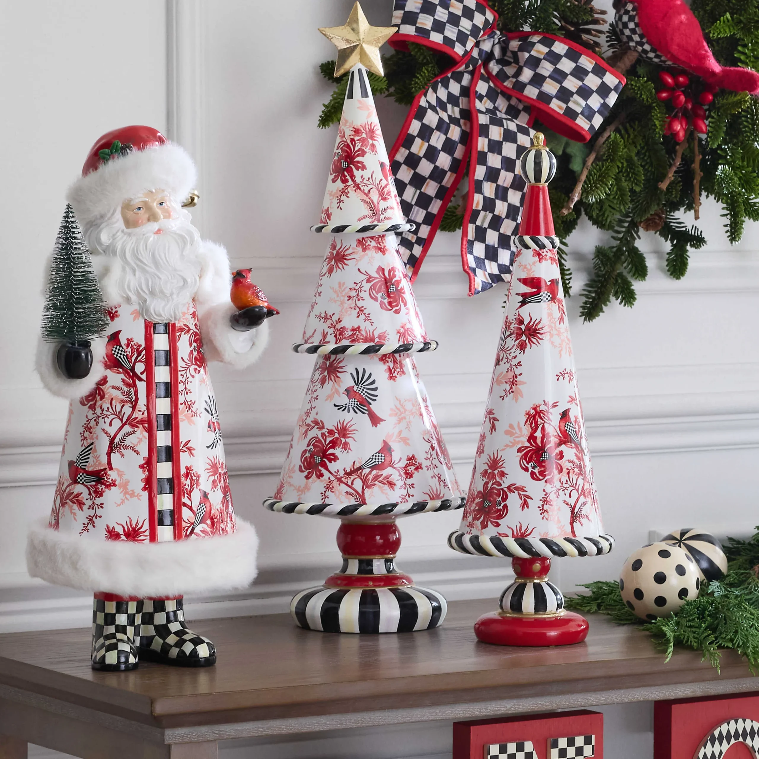 MacKenzie-Childs Cardinal Toile Santa with Cardinal| Holiday|Room Accents