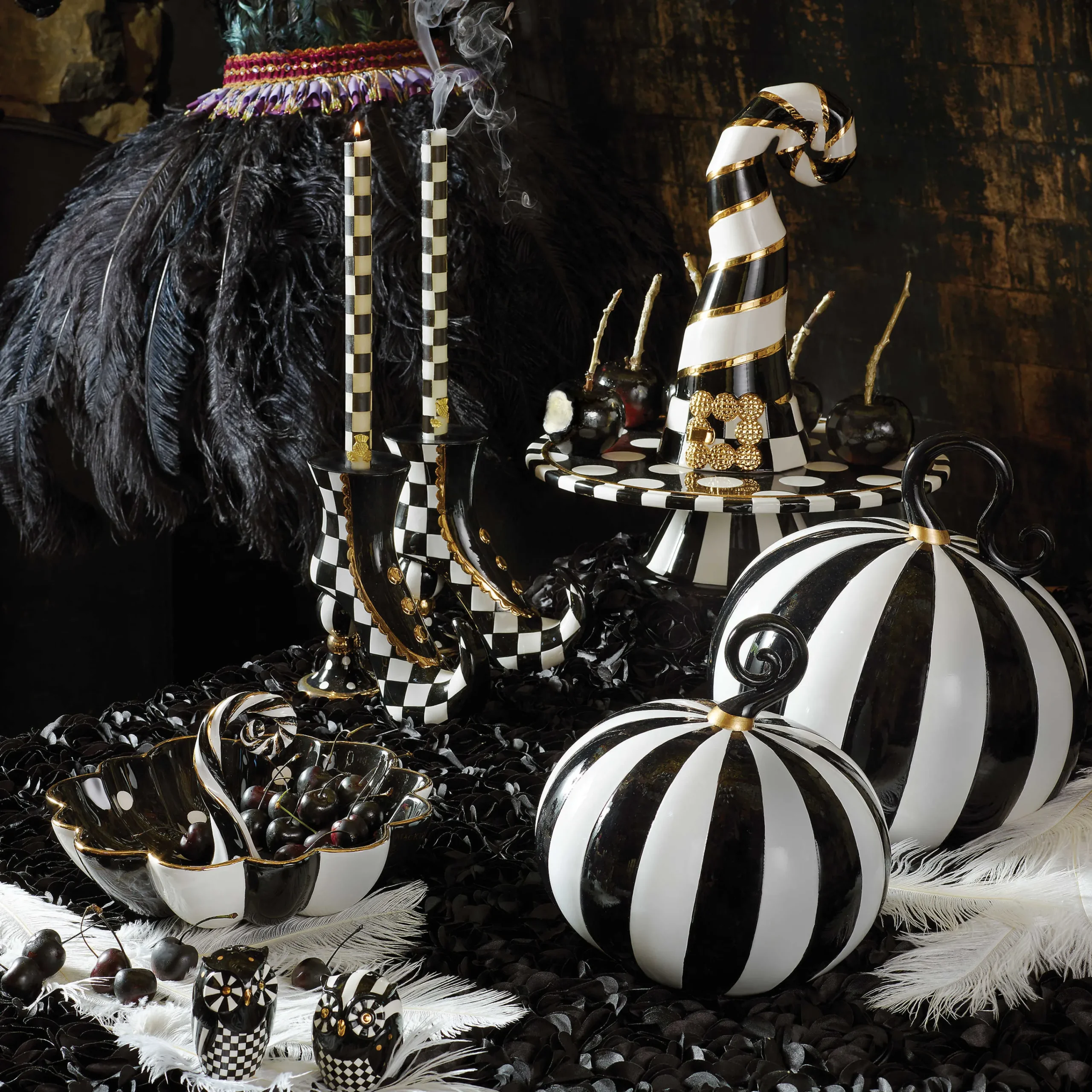 MacKenzie-Childs Check Black Ivory Dinner Candles, Set of 2| Candles & Fragrances|Table Accessories