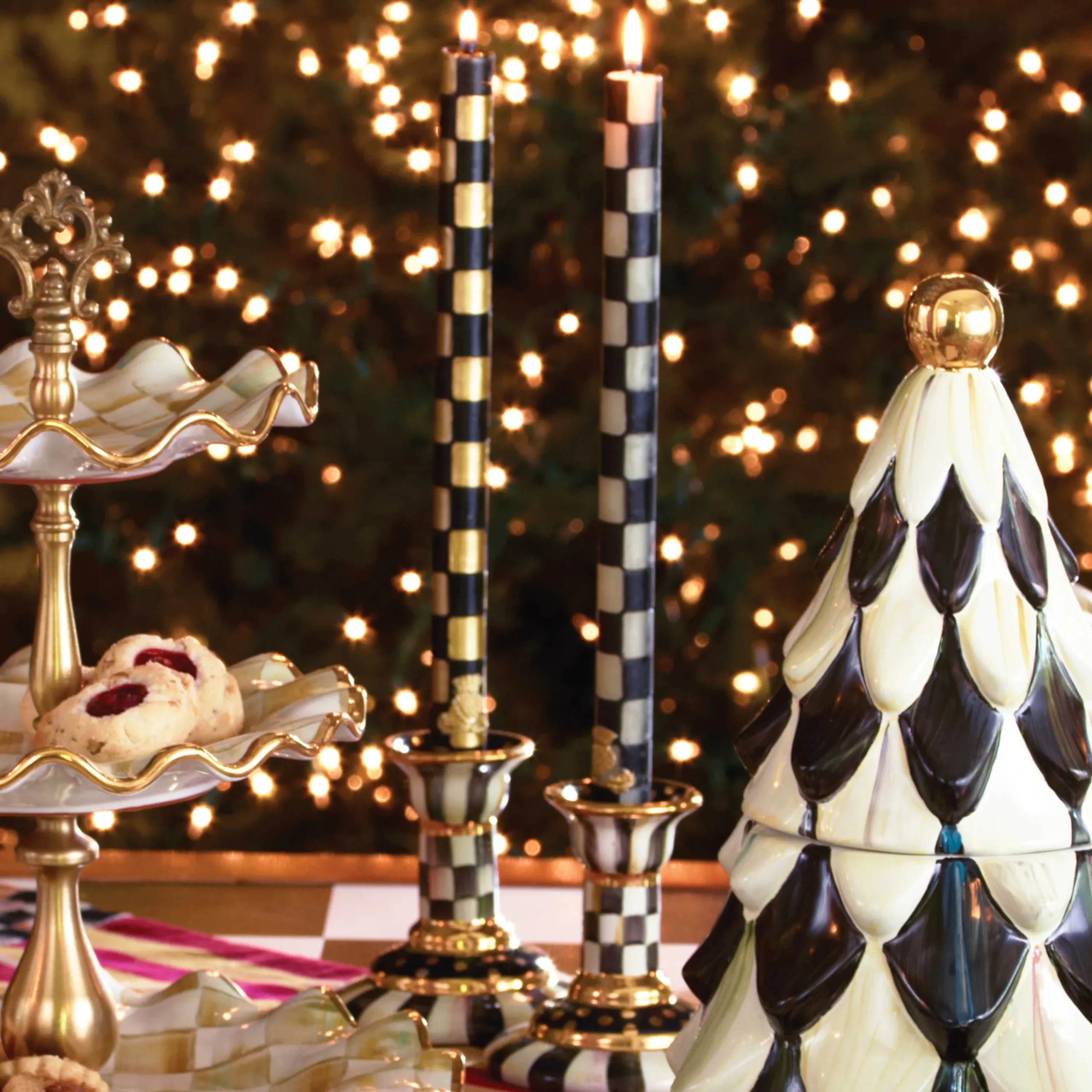 MacKenzie-Childs Check Black Ivory Dinner Candles, Set of 2| Candles & Fragrances|Table Accessories