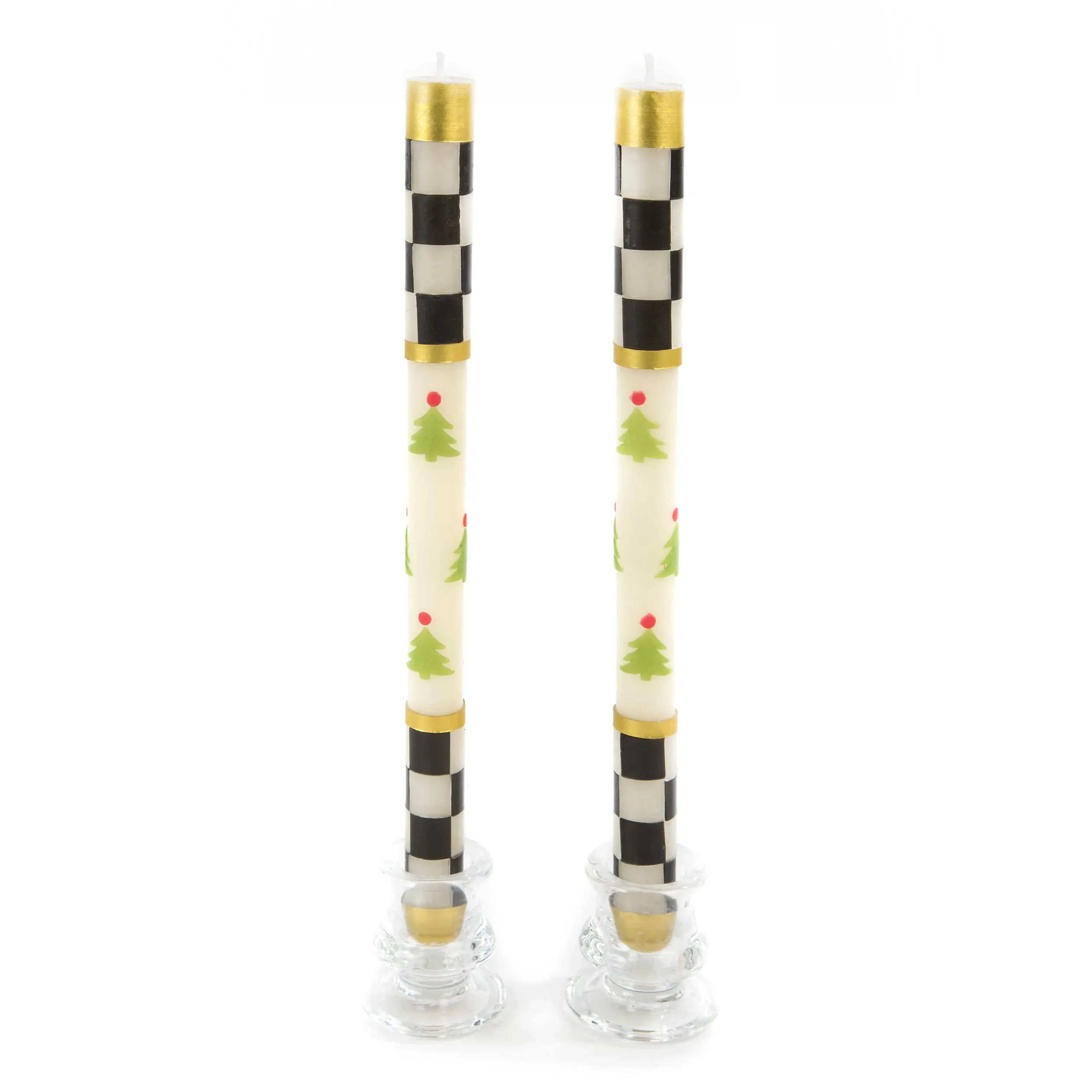 MacKenzie-Childs Christmas Tree Dinner Candles - Check Bands - Set of 2| Holiday|Candles & Fragrances