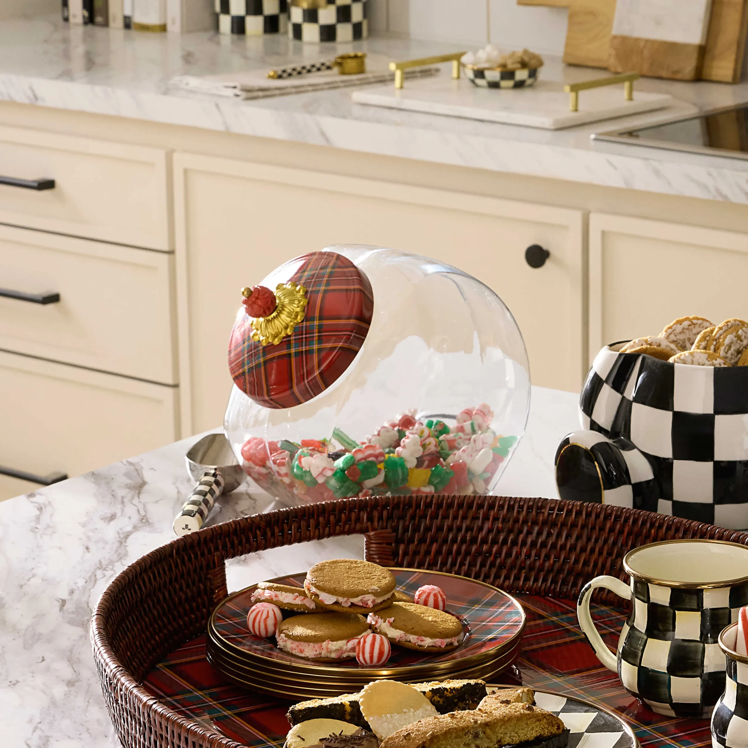 MacKenzie-Childs Cookie Jar with Red Tartan Lid| Kitchen Storage & Organization