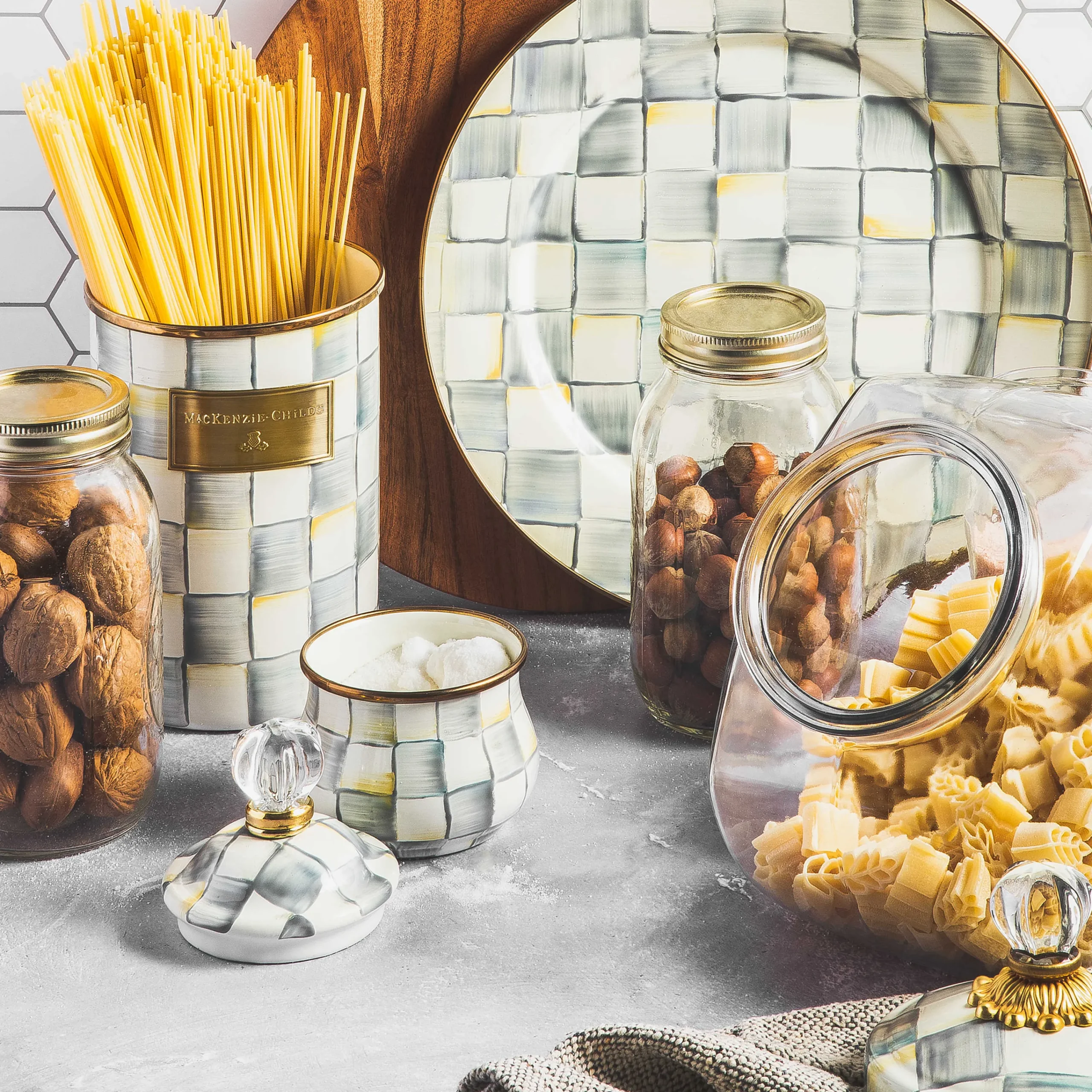 MacKenzie-Childs Cookie Jar with Sterling Check Lid| Kitchen Storage & Organization