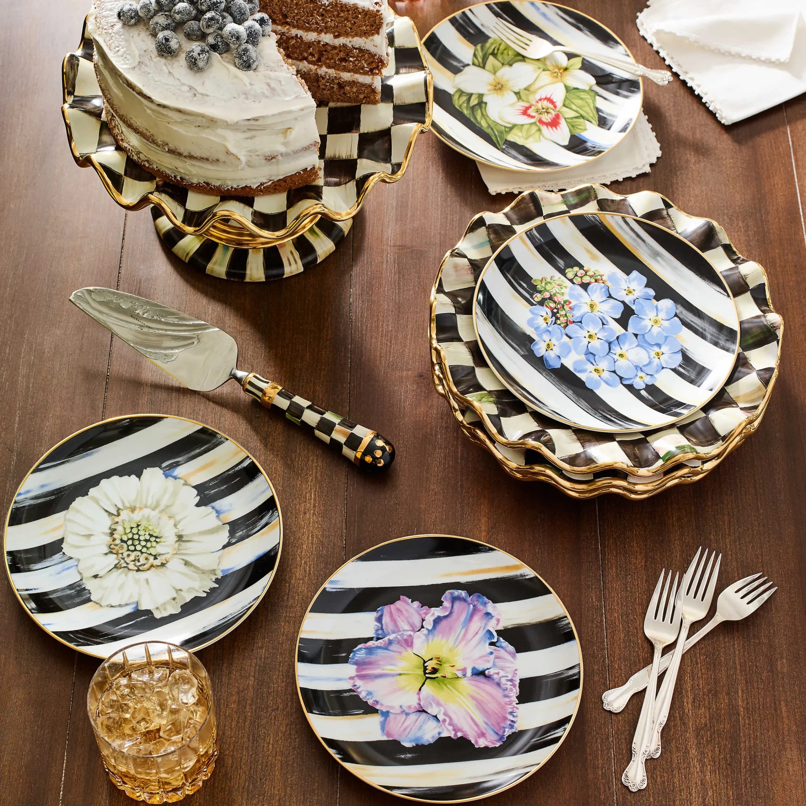 MacKenzie-Childs Courtly Check Ceramic Fluted Cake Stand| Serveware