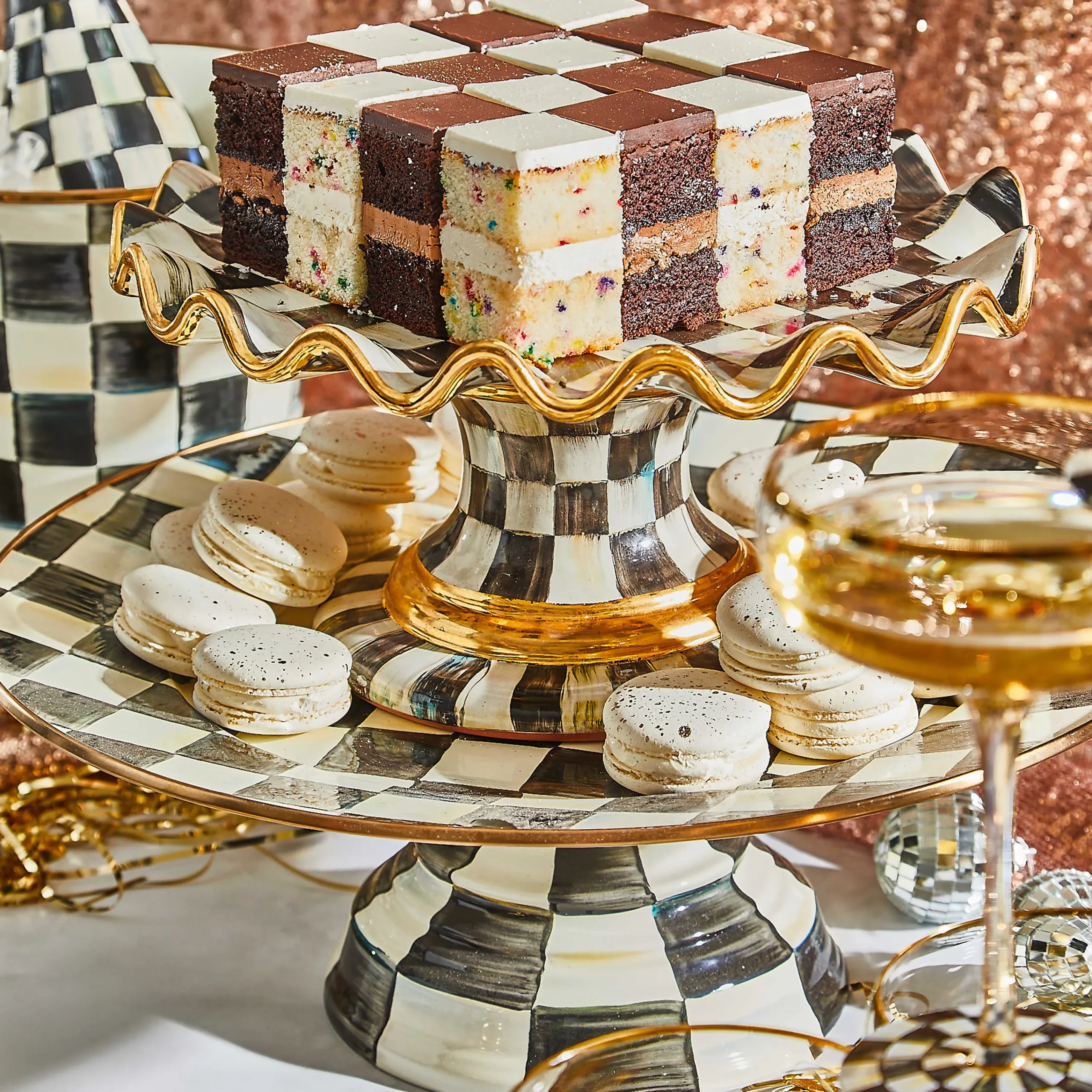 MacKenzie-Childs Courtly Check Ceramic Fluted Cake Stand| Serveware