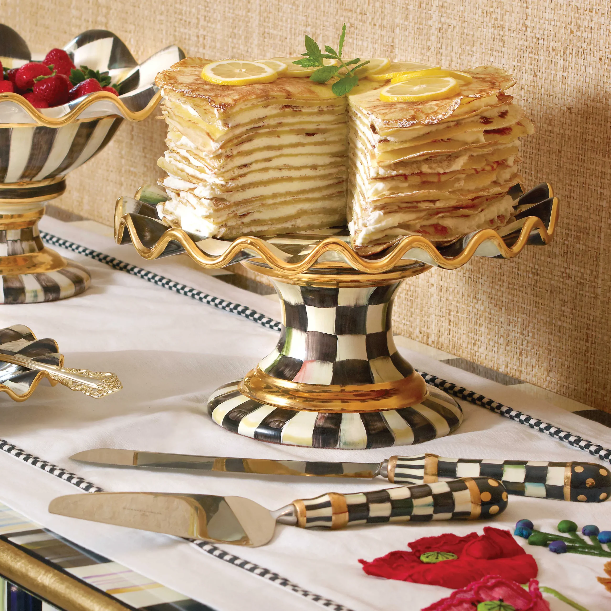MacKenzie-Childs Courtly Check Ceramic Fluted Cake Stand| Serveware