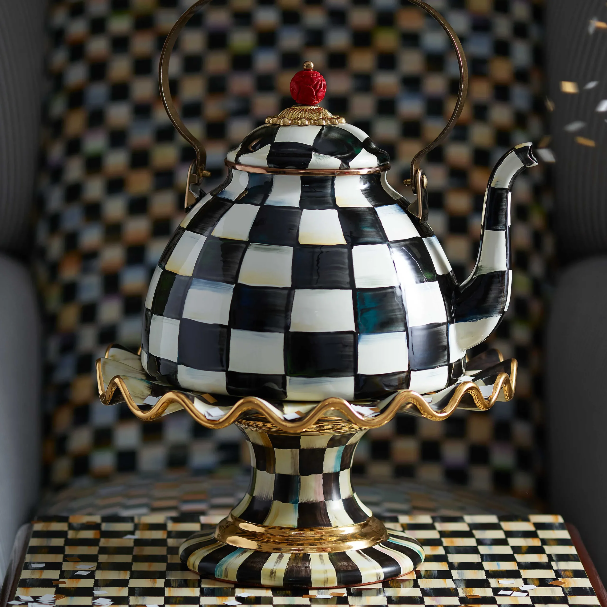 MacKenzie-Childs Courtly Check Ceramic Fluted Cake Stand| Serveware