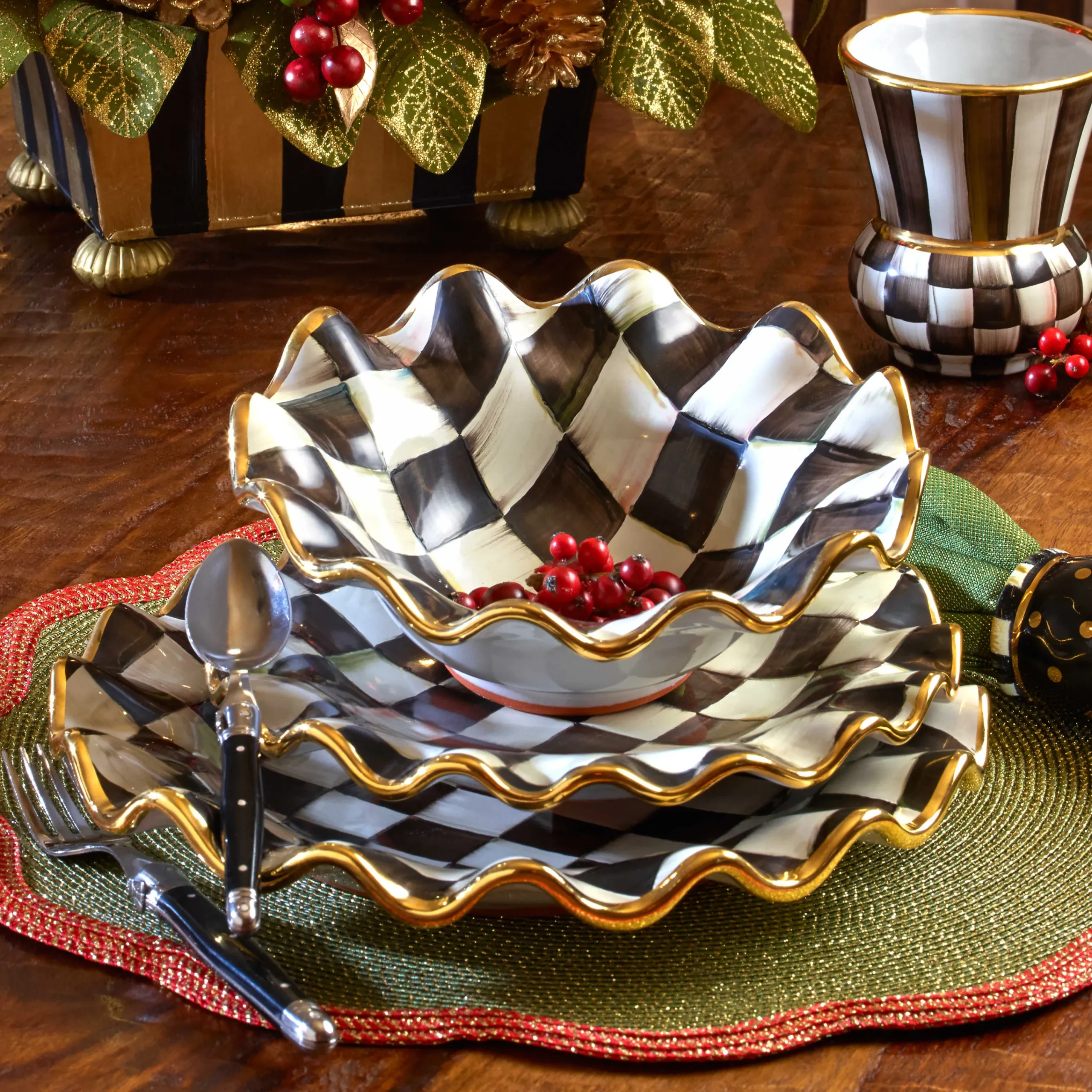 MacKenzie-Childs Courtly Check Ceramic Fluted Dessert Plate| Dinnerware & Flatware