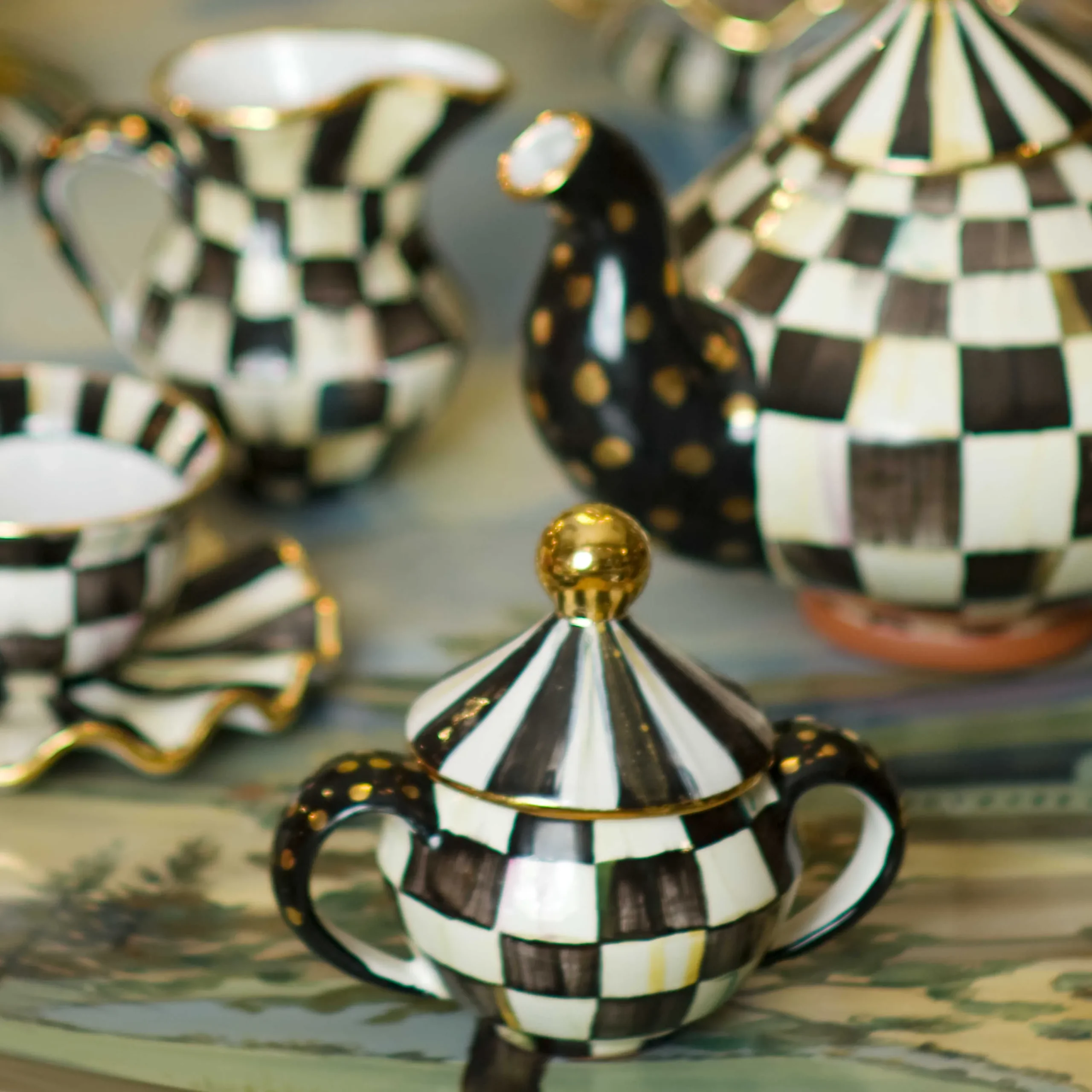 MacKenzie-Childs Courtly Check Ceramic Sugar Bowl with Lid| The Coffee Shop|Serveware
