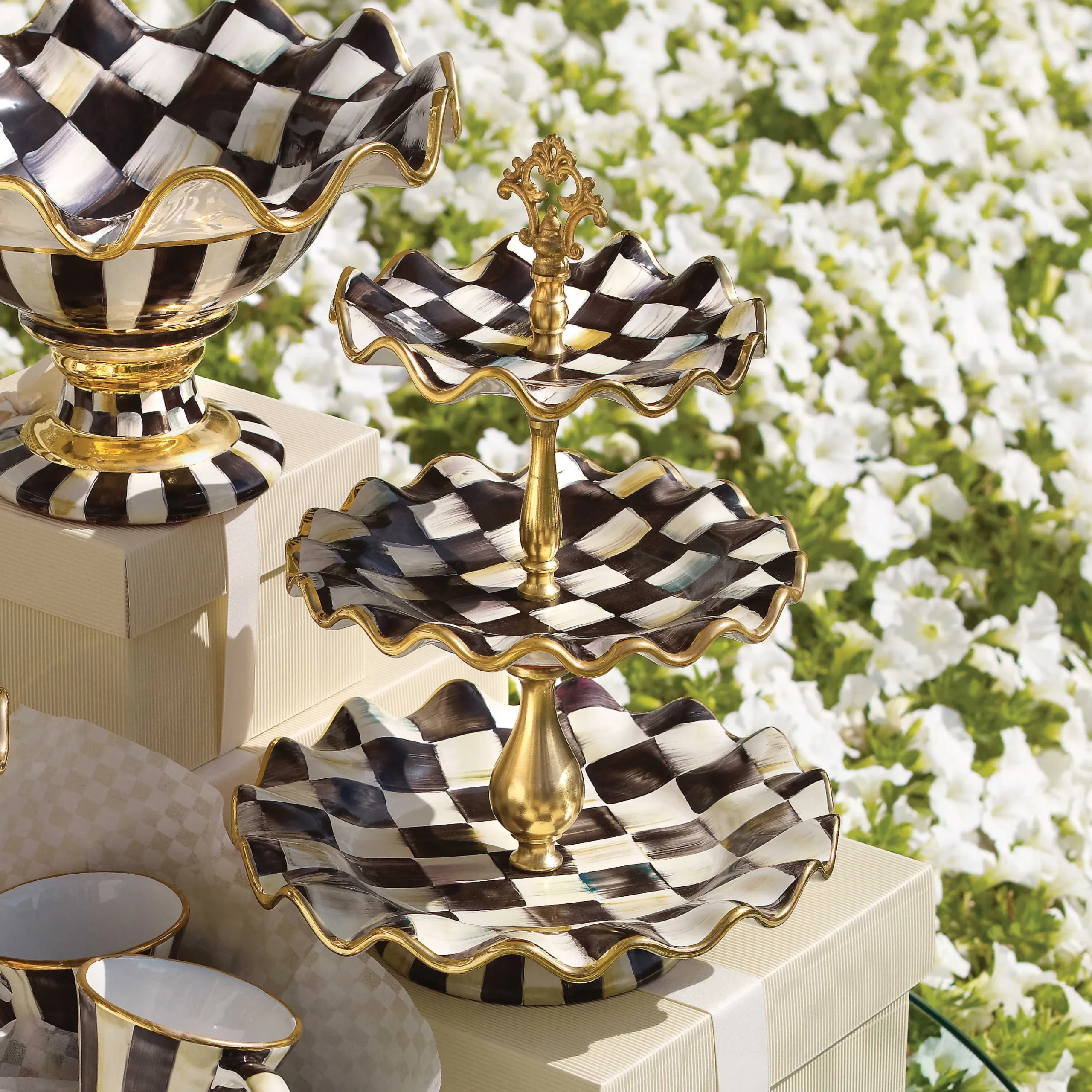 MacKenzie-Childs Courtly Check Ceramic Three Tier Sweet Stand| Bar Entertaining|Serveware