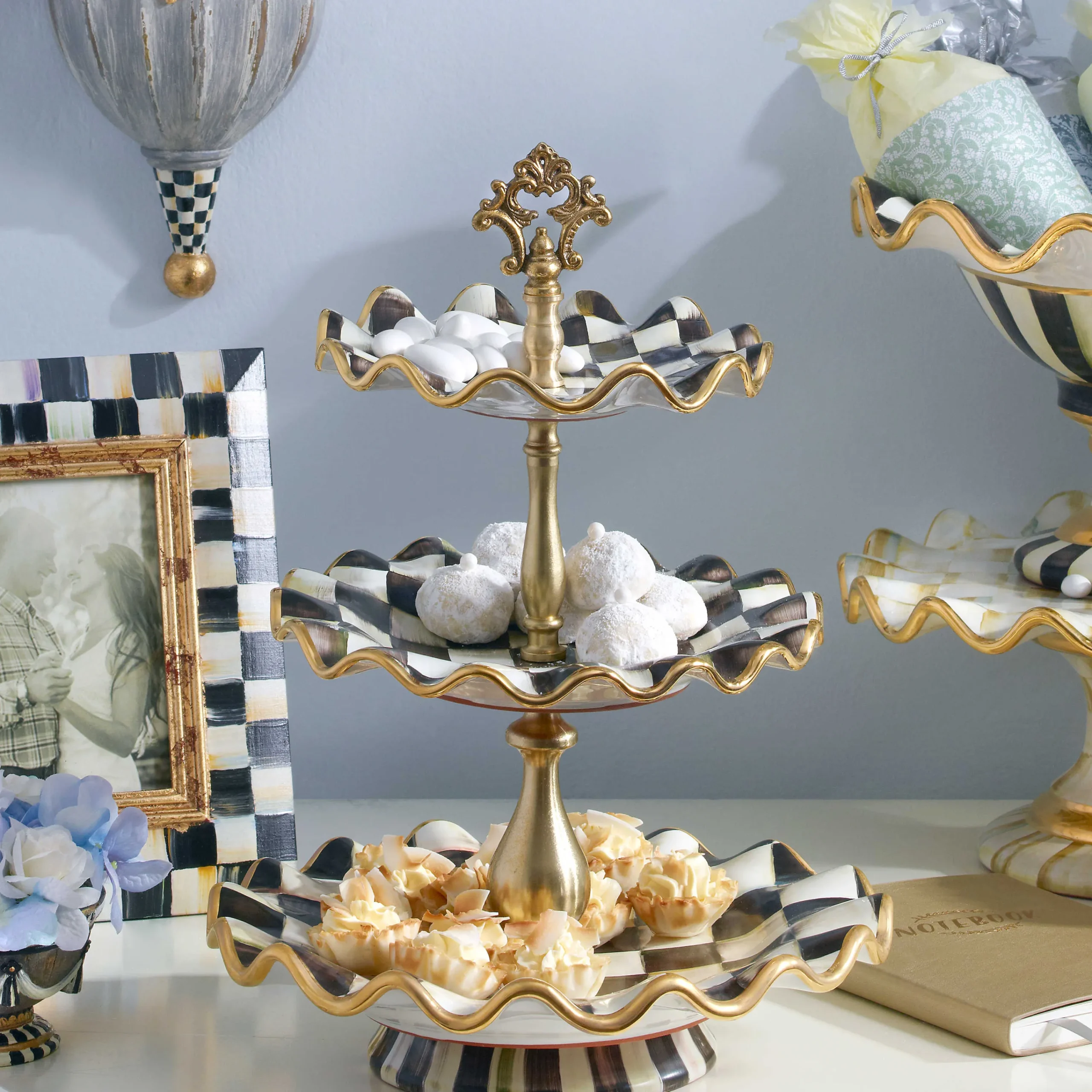 MacKenzie-Childs Courtly Check Ceramic Three Tier Sweet Stand| Bar Entertaining|Serveware