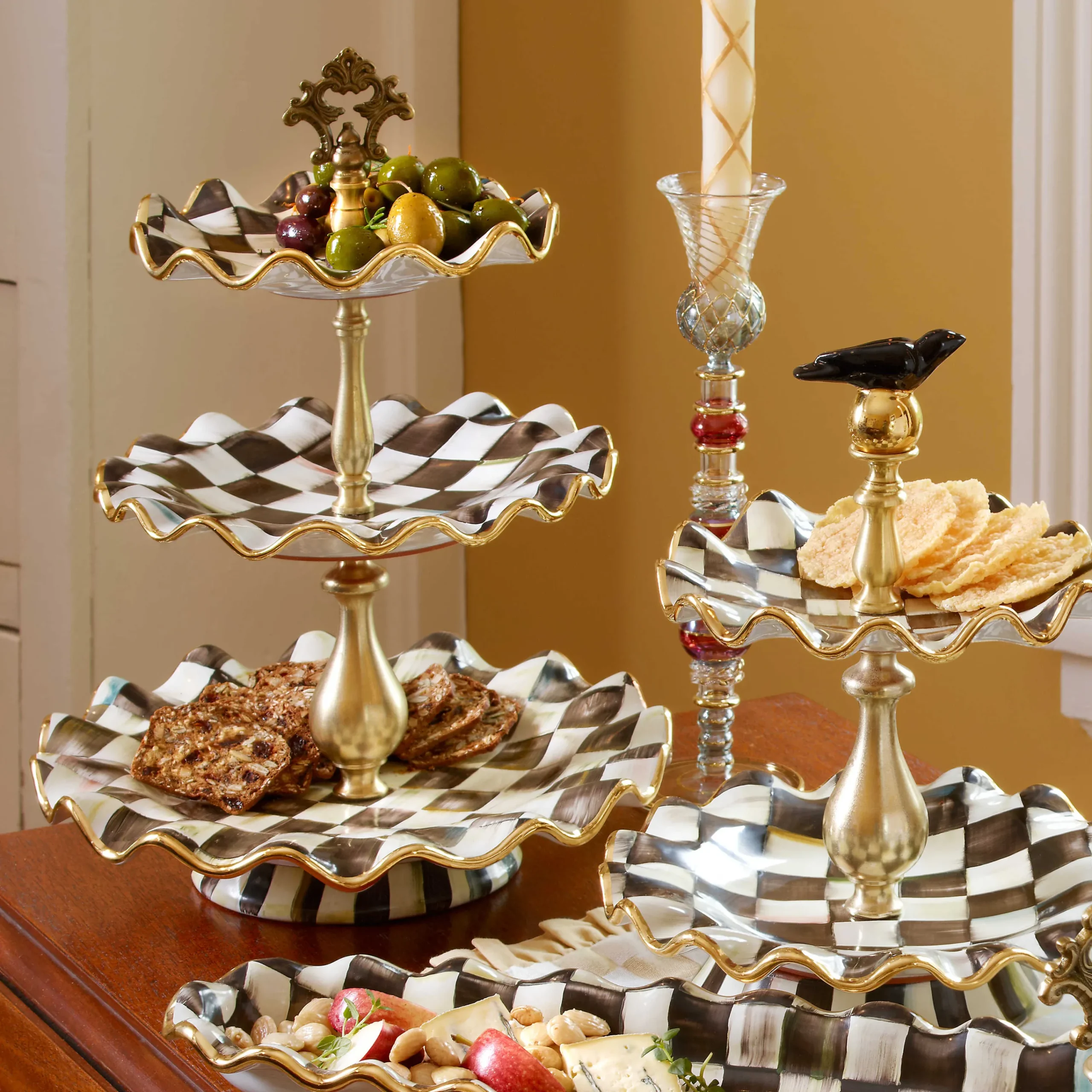 MacKenzie-Childs Courtly Check Ceramic Three Tier Sweet Stand| Bar Entertaining|Serveware