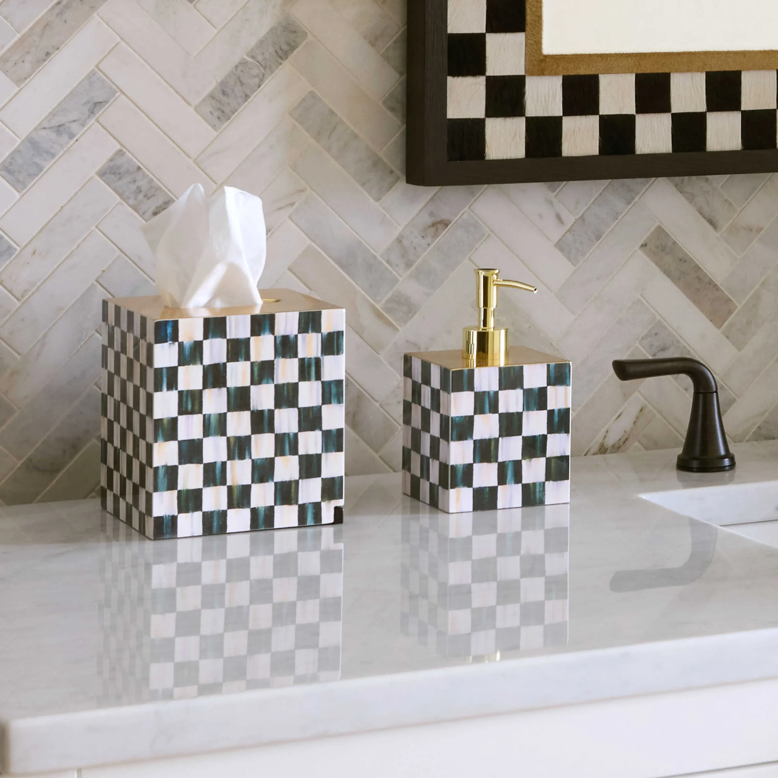 MacKenzie-Childs Courtly Check Lacquer Boutique Tissue Box Cover| Bath & Bath Accessories