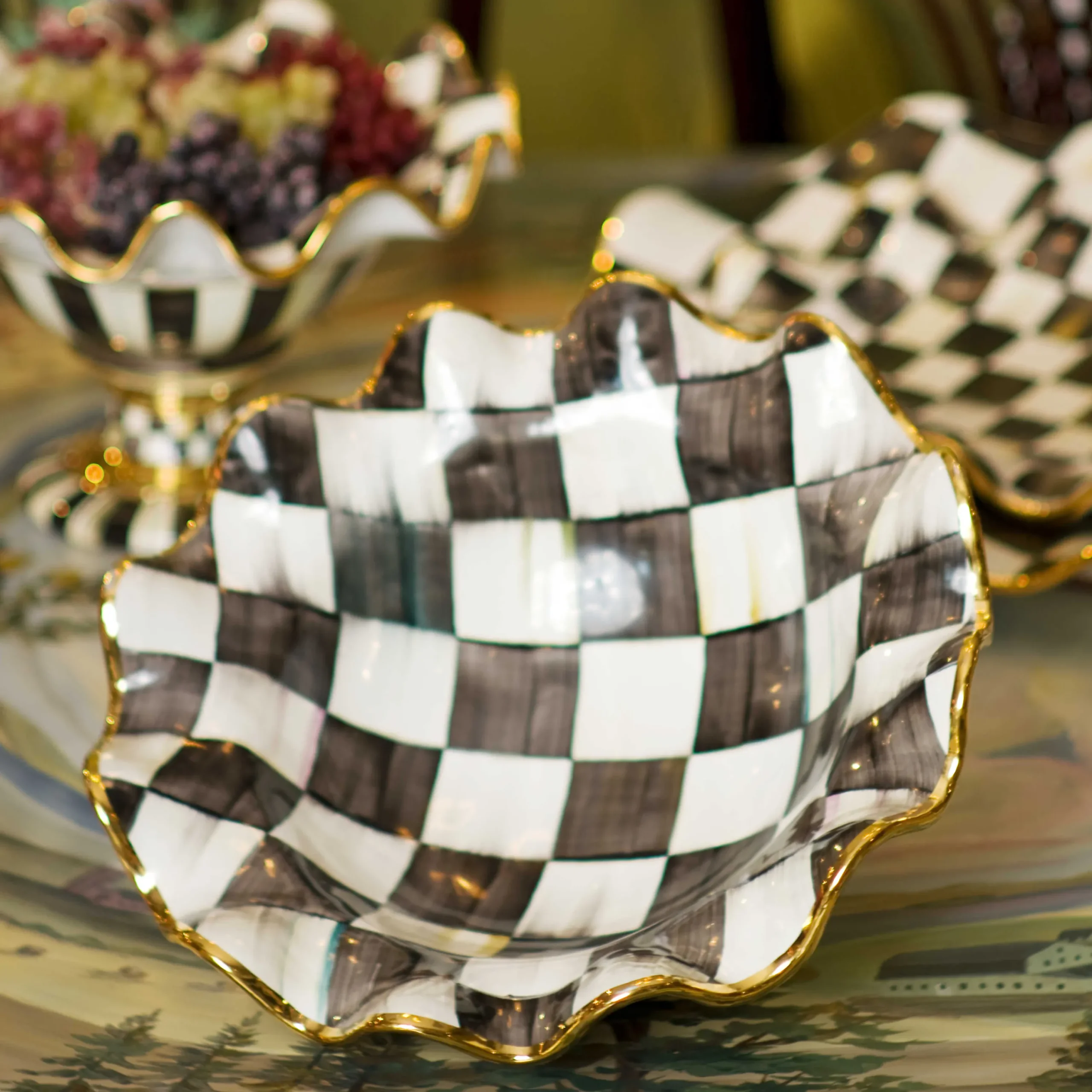 MacKenzie-Childs Courtly Check Medium Ceramic Fluted Serving Bowl| Serveware