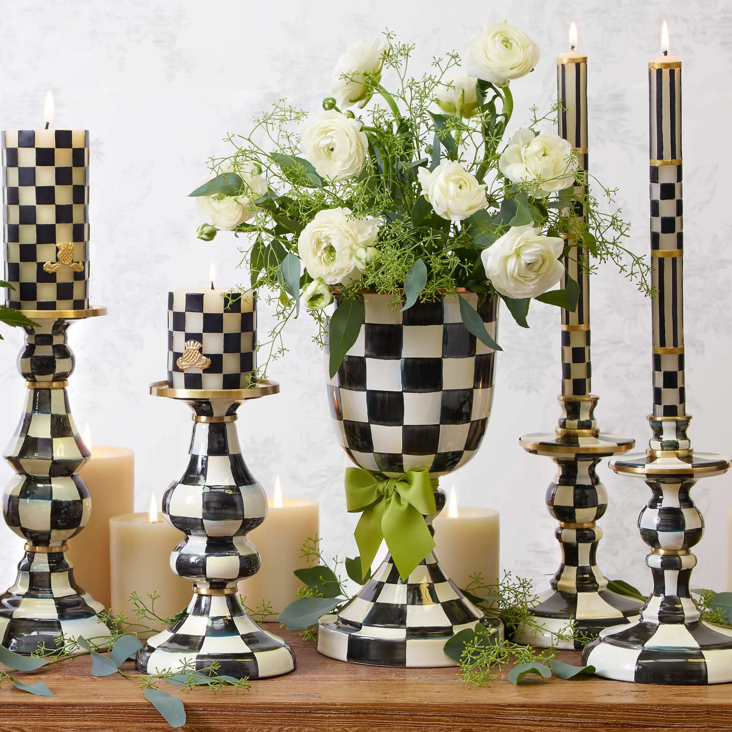 MacKenzie-Childs Courtly Check Medium Enamel Candlestick| Candles & Fragrances|Table Accessories