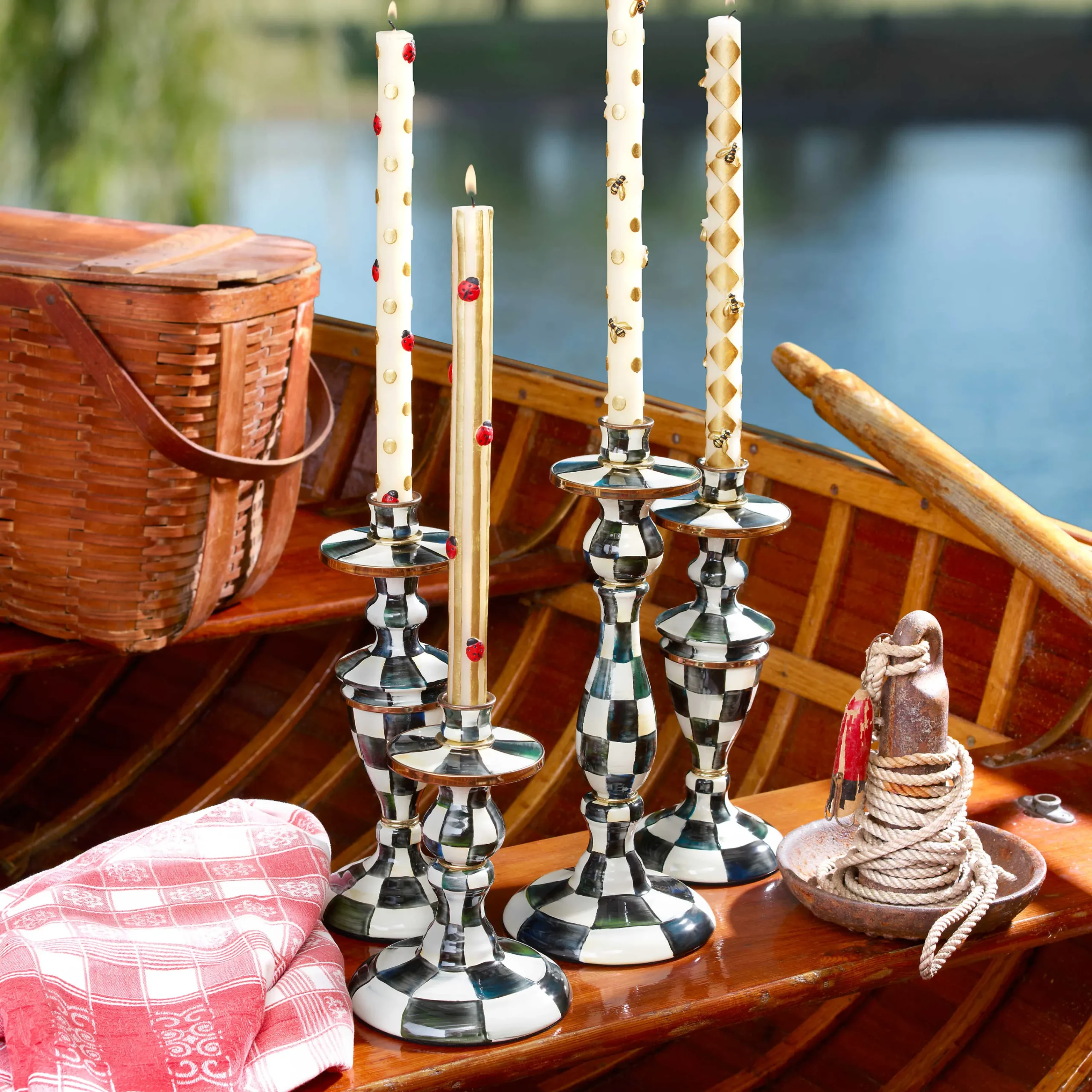 MacKenzie-Childs Courtly Check Medium Enamel Candlestick| Candles & Fragrances|Table Accessories