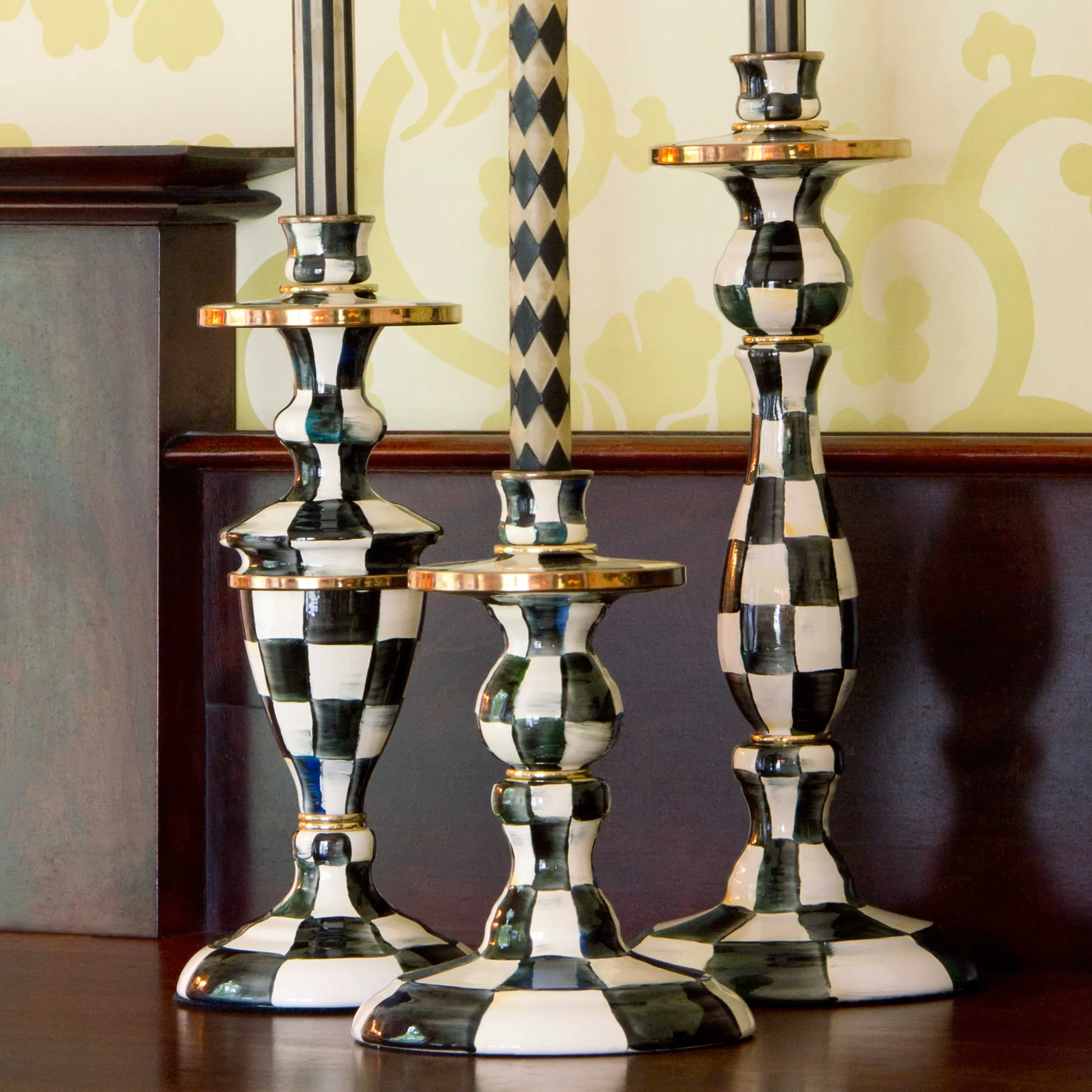 MacKenzie-Childs Courtly Check Medium Enamel Candlestick| Candles & Fragrances|Table Accessories
