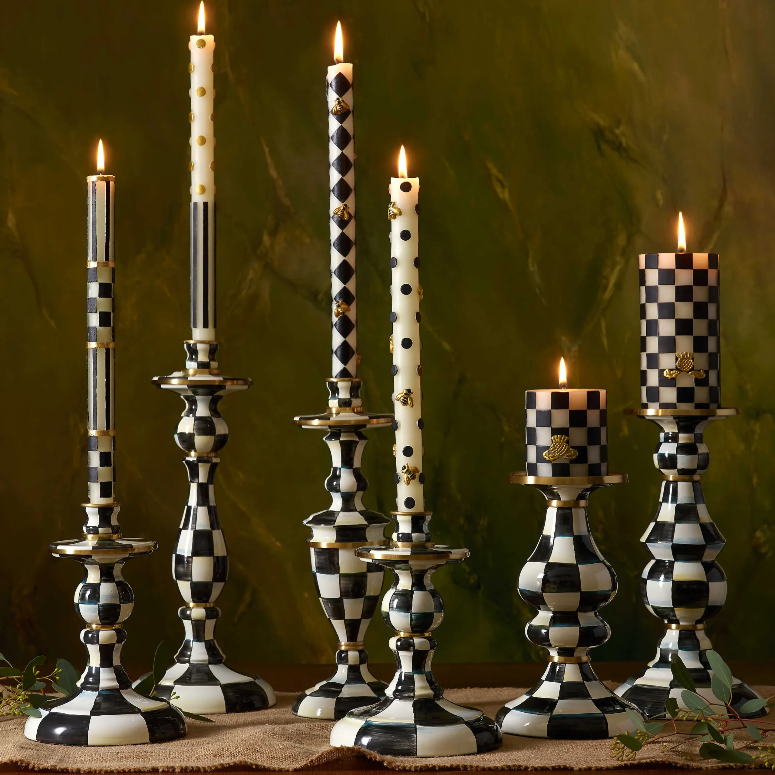 MacKenzie-Childs Courtly Check Medium Enamel Candlestick| Candles & Fragrances|Table Accessories