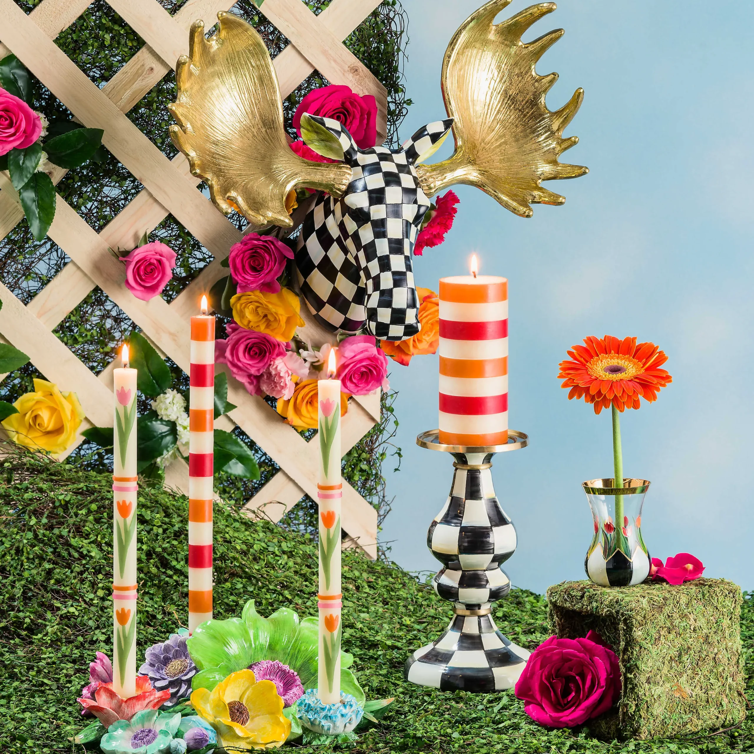 MacKenzie-Childs Courtly Check Medium Pillar Candlestick| Candles & Fragrances|Table Accessories