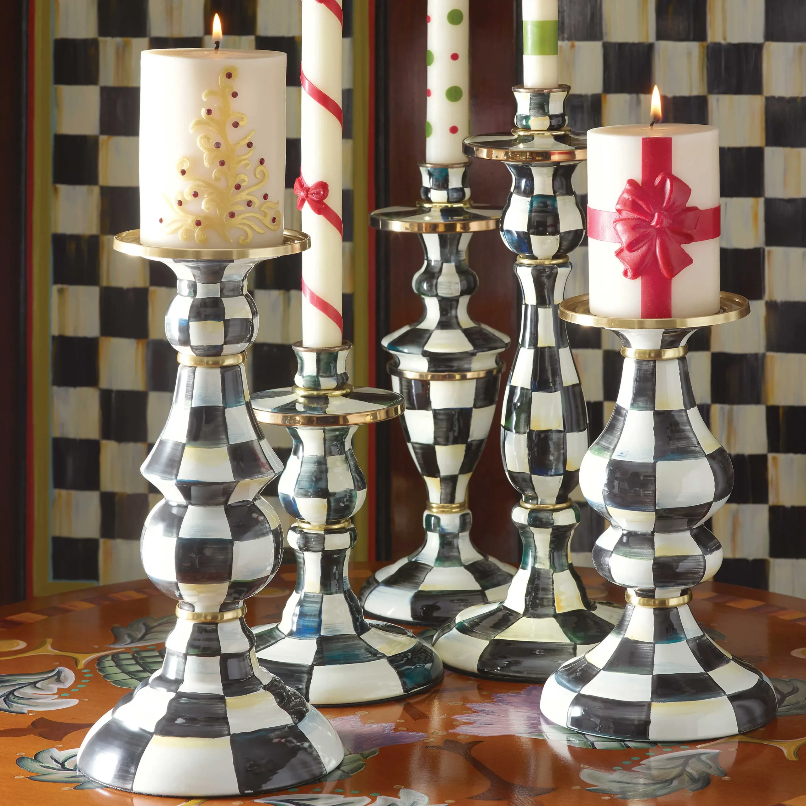 MacKenzie-Childs Courtly Check Medium Pillar Candlestick| Candles & Fragrances|Table Accessories