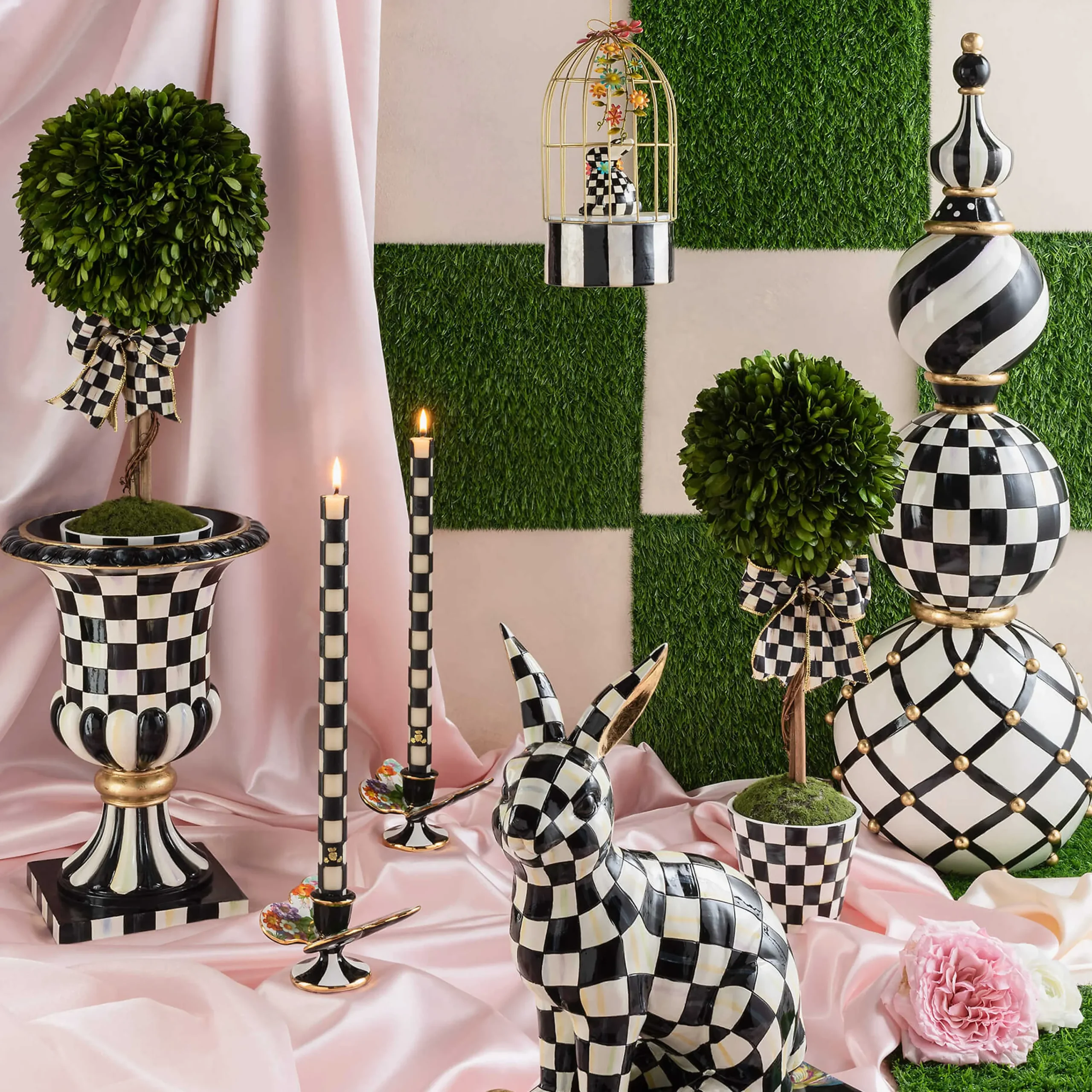 MacKenzie-Childs Courtly Check Pedestal Tabletop Urn| Outdoor