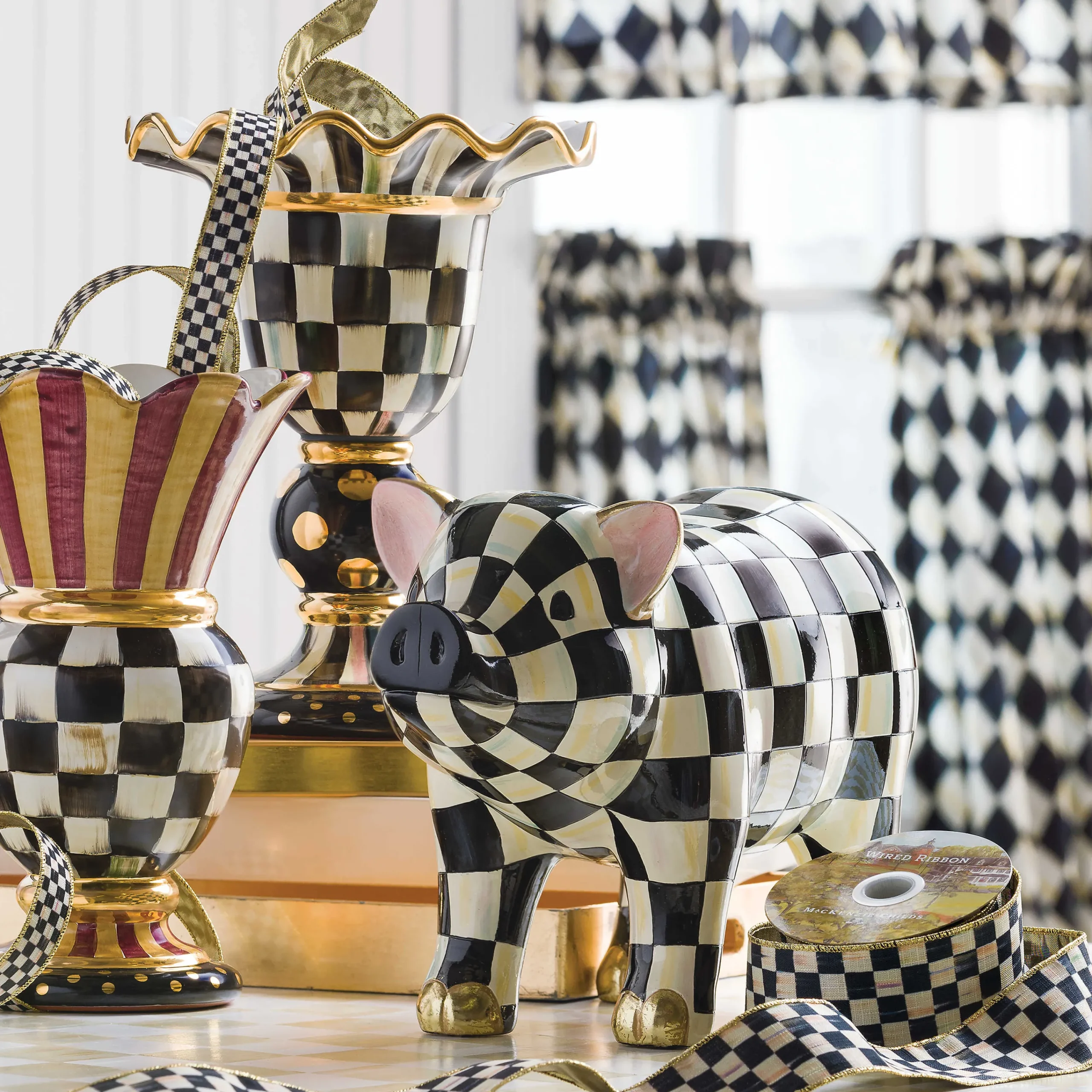 MacKenzie-Childs Courtly Check Pig Figurine| Spring|Room Accents
