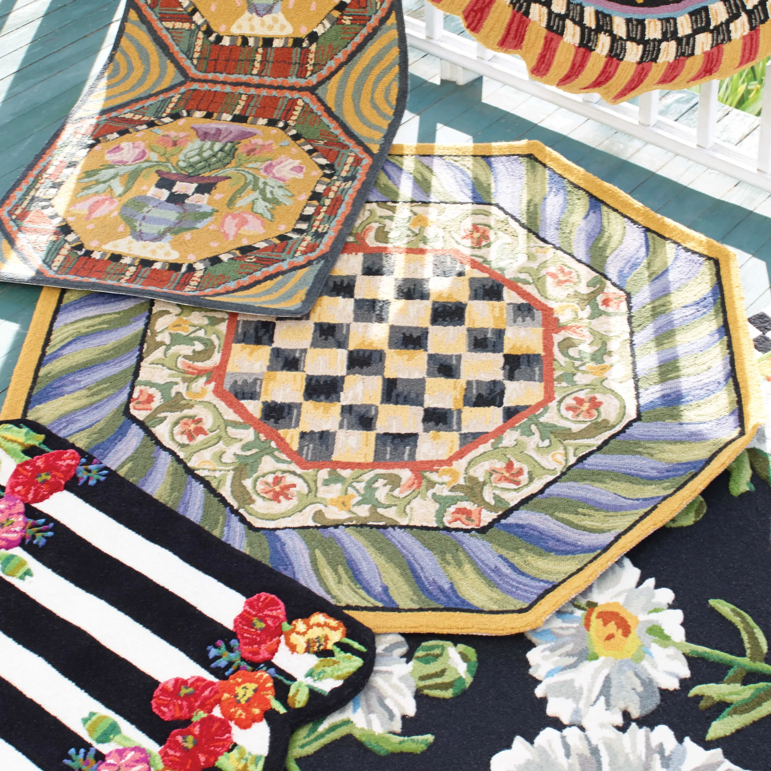 MacKenzie-Childs Courtly Check Purple Green 5' Octagon Rug| Rugs