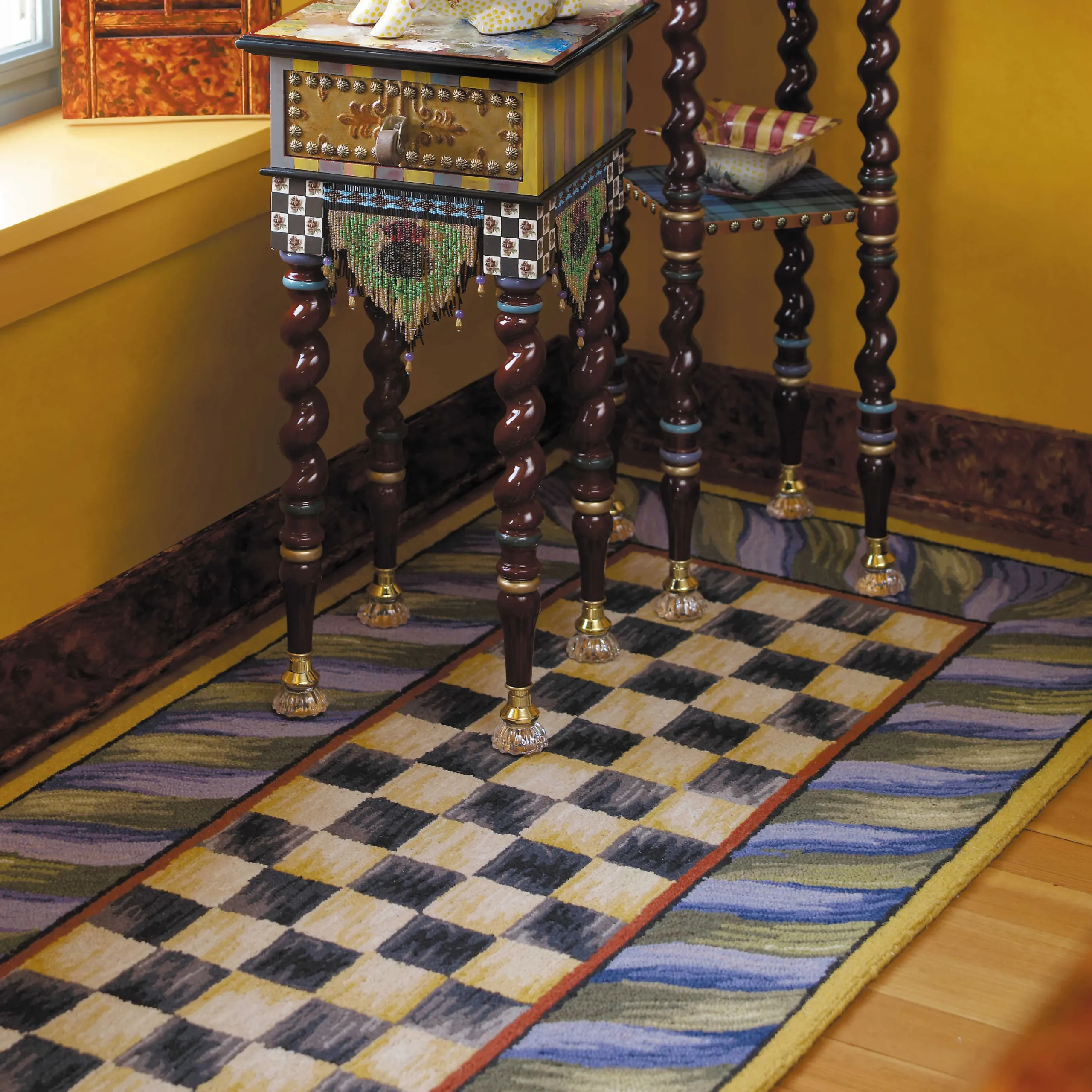 MacKenzie-Childs Courtly Check Purple Green 2'6 x 8' Runner| Rugs