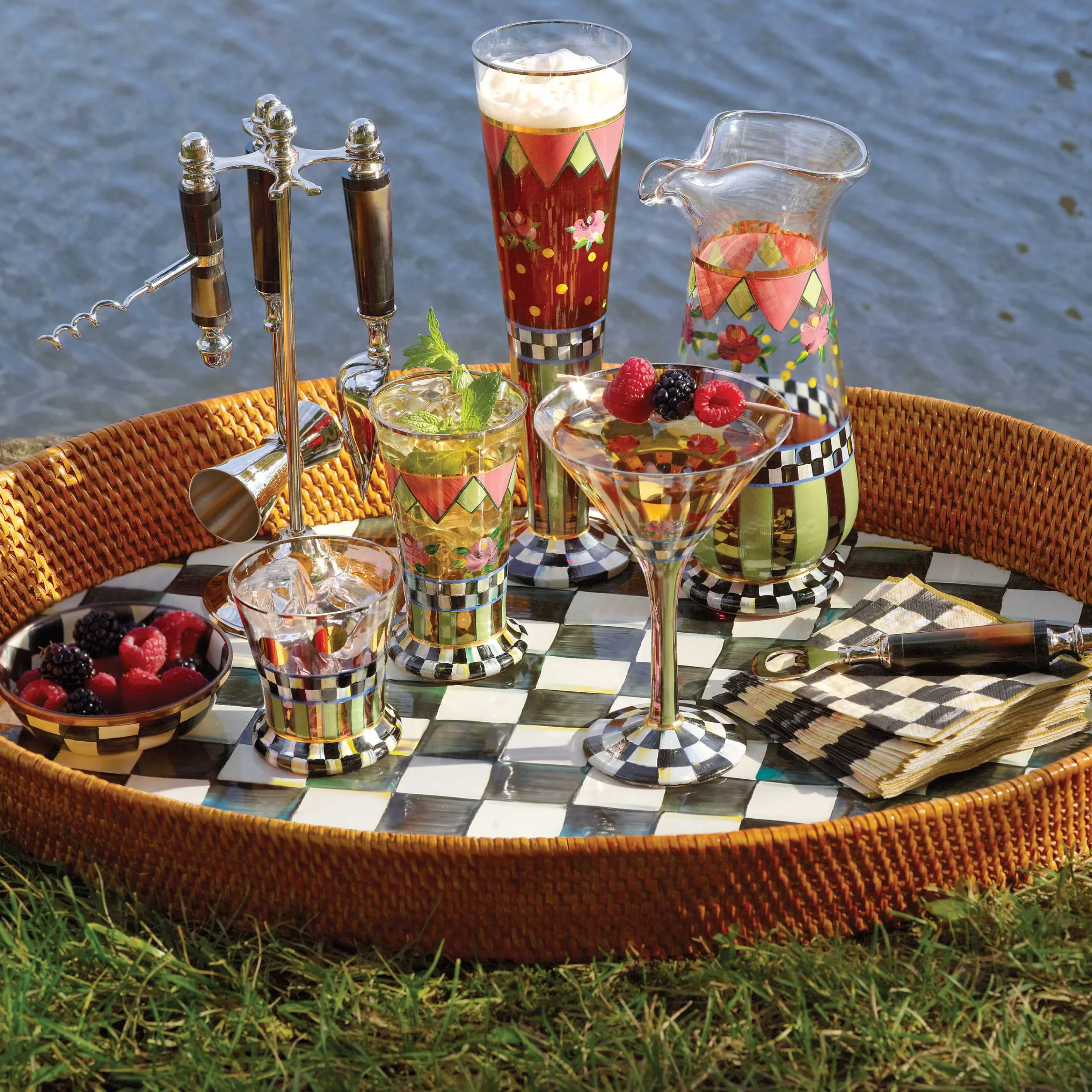 MacKenzie-Childs Courtly Check Rattan Enamel Party Serving Tray| Bar Entertaining|Serveware