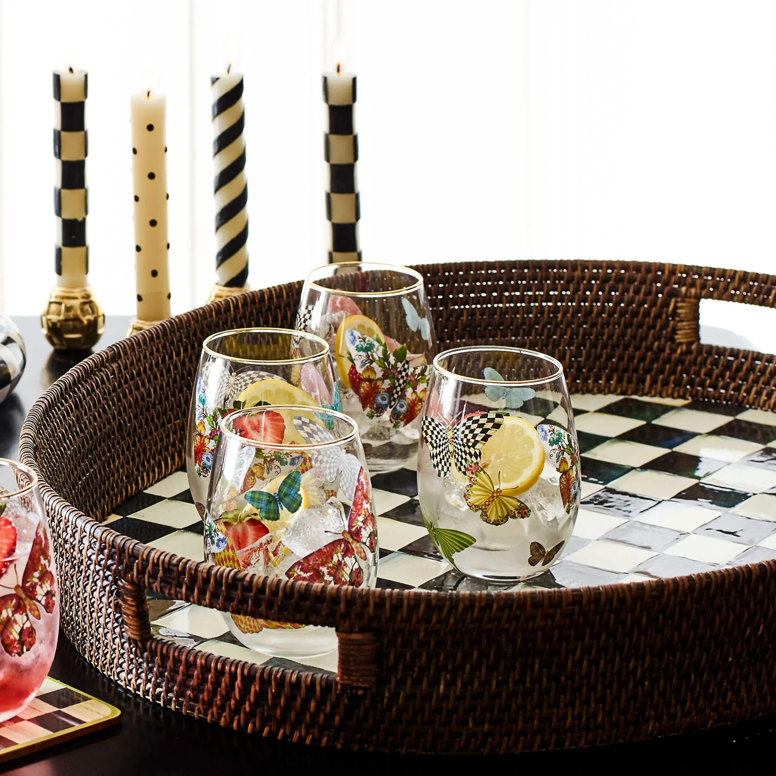 MacKenzie-Childs Courtly Check Rattan Enamel Party Serving Tray| Bar Entertaining|Serveware
