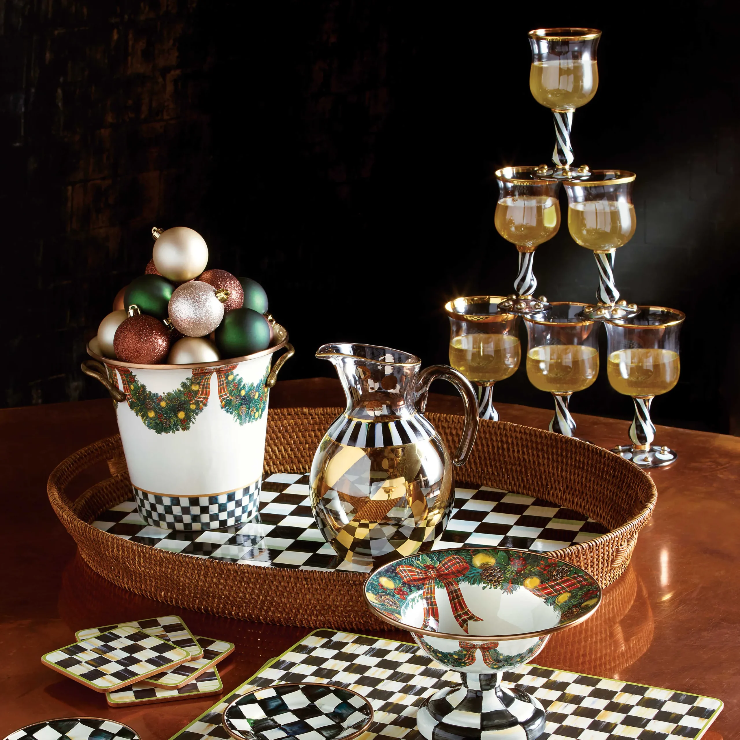 MacKenzie-Childs Courtly Check Rattan Enamel Party Serving Tray| Bar Entertaining|Serveware