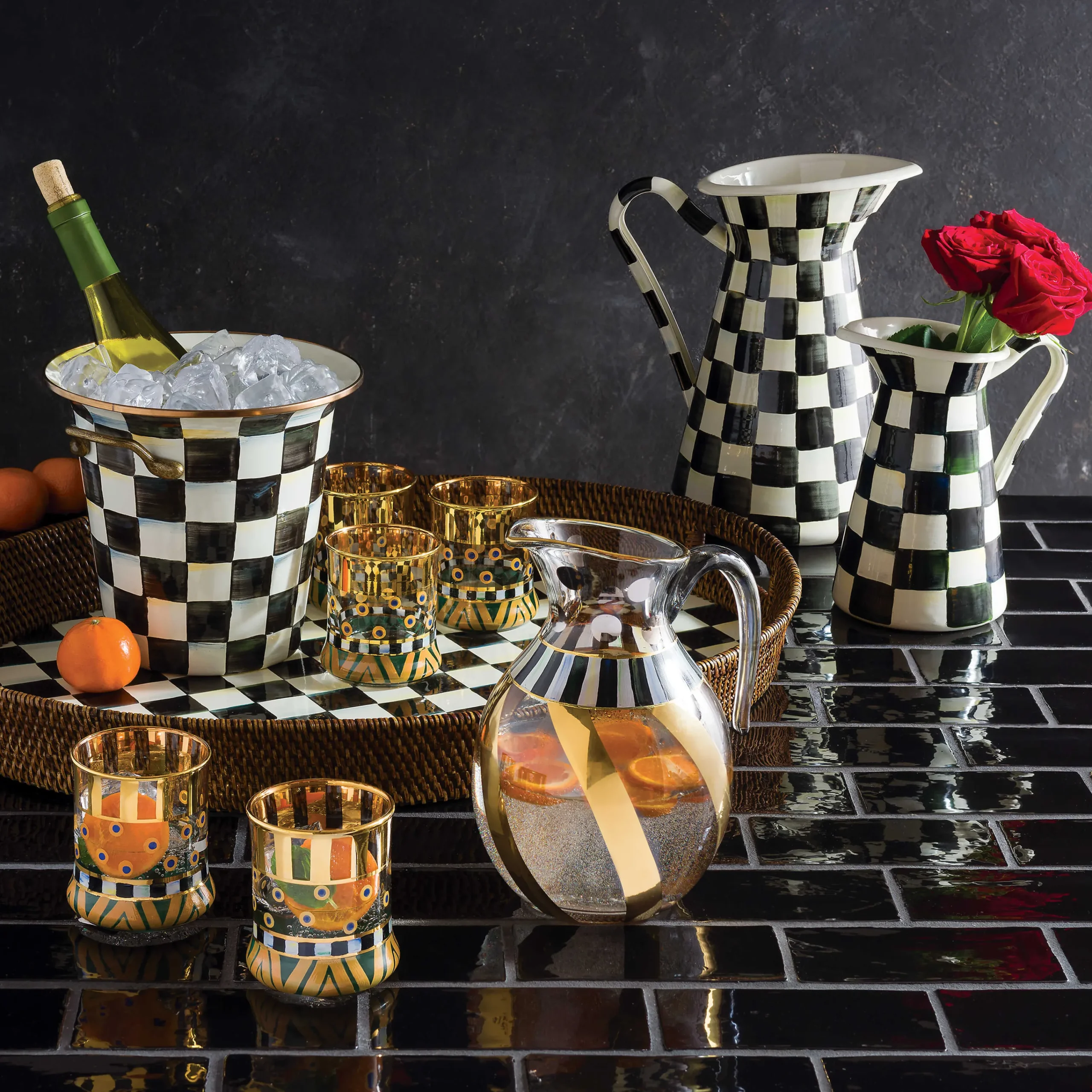MacKenzie-Childs Courtly Check Rattan Enamel Party Serving Tray| Bar Entertaining|Serveware