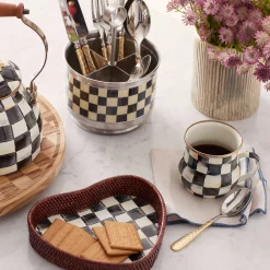 MacKenzie-Childs Courtly Check Rattan  Enamel Heart Tray| The Coffee Shop|Bar Entertaining