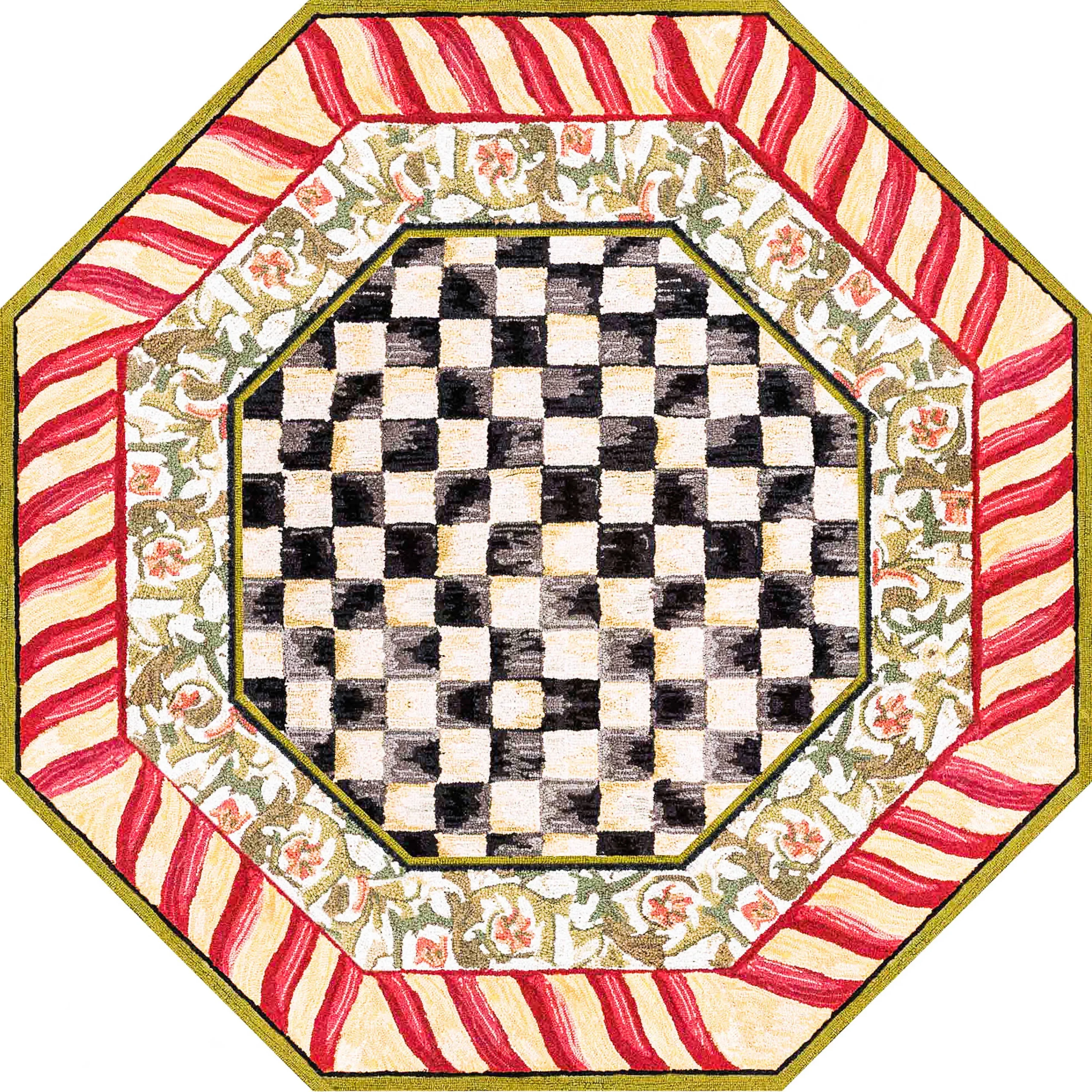 MacKenzie-Childs Courtly Check Red Gold 6' Octagon Washable Rug| Rugs