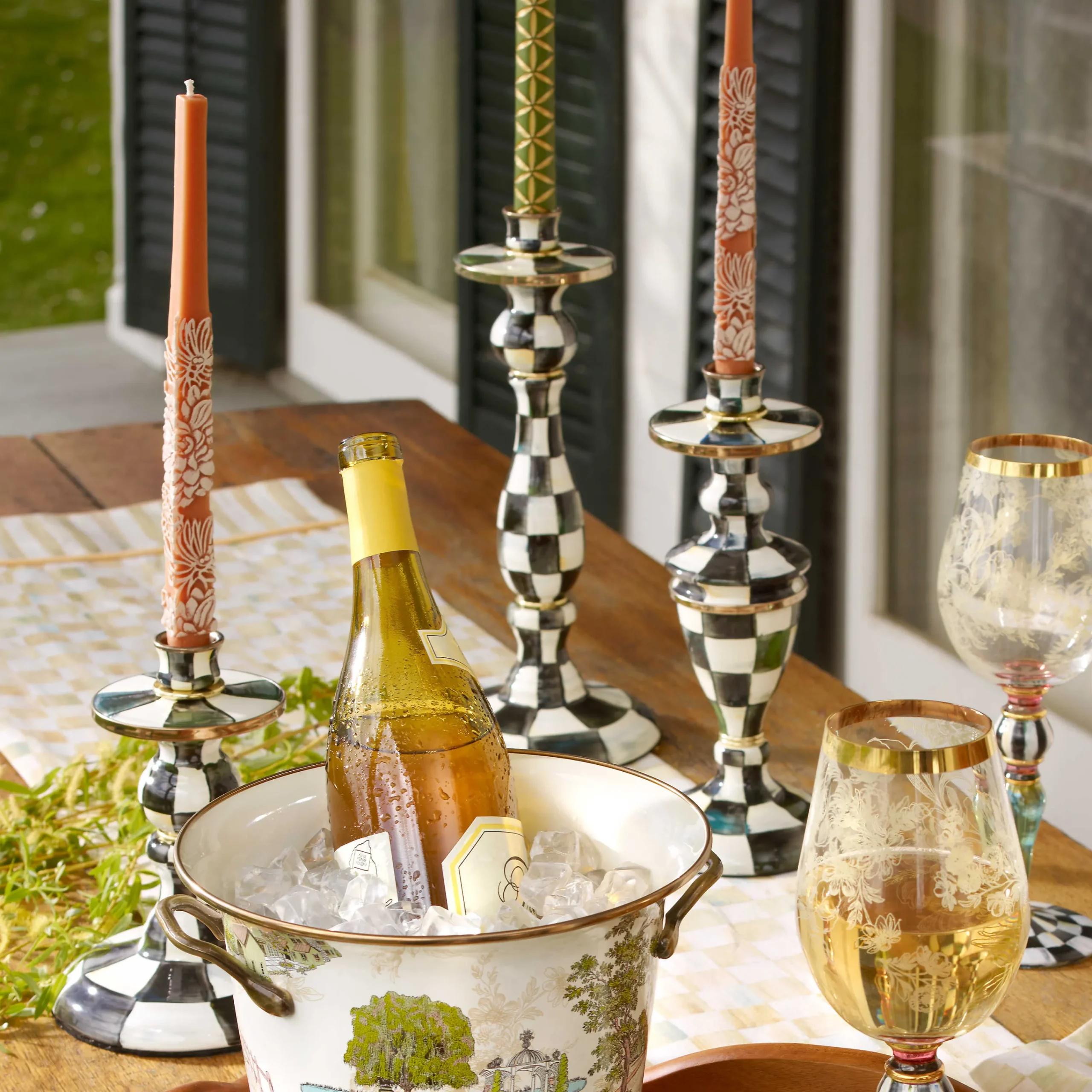 MacKenzie-Childs Courtly Check Small Enamel Candlestick| Candles & Fragrances|Table Accessories