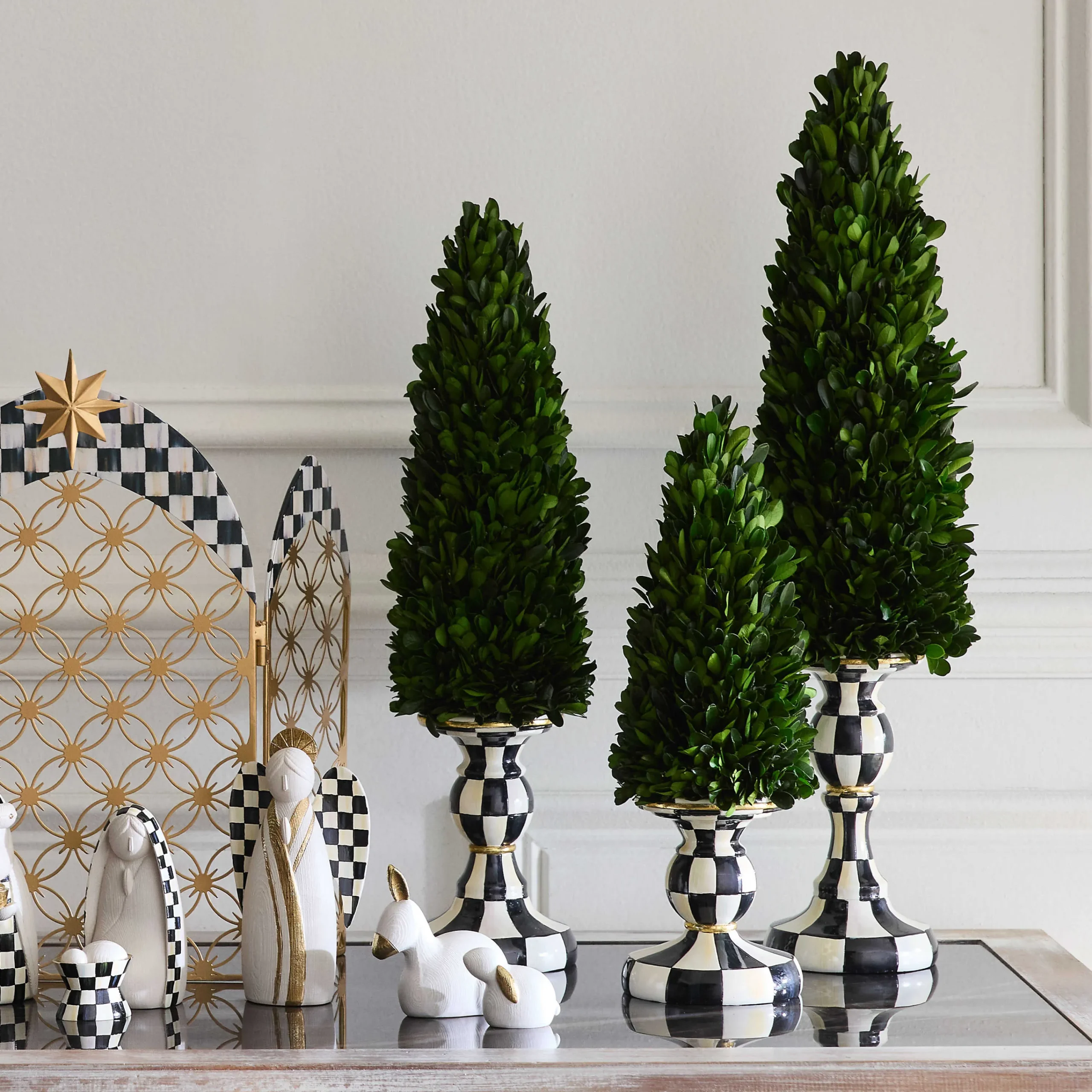MacKenzie-Childs Courtly Check Small Pedestal Boxwood Tree| Greenery & Florals