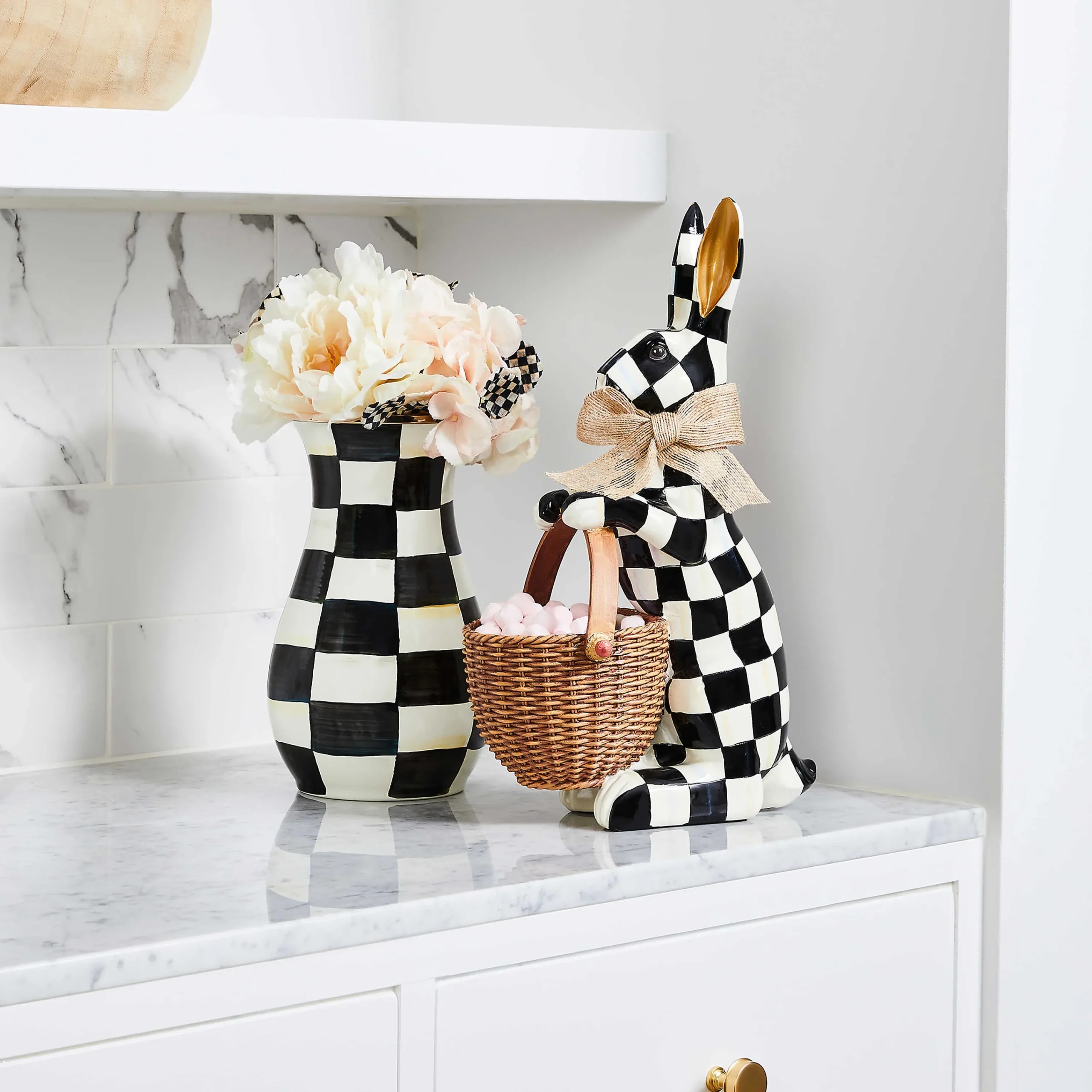 MacKenzie-Childs Courtly Check Tall Vase Bouquet Set| Greenery & Florals|Room Accents
