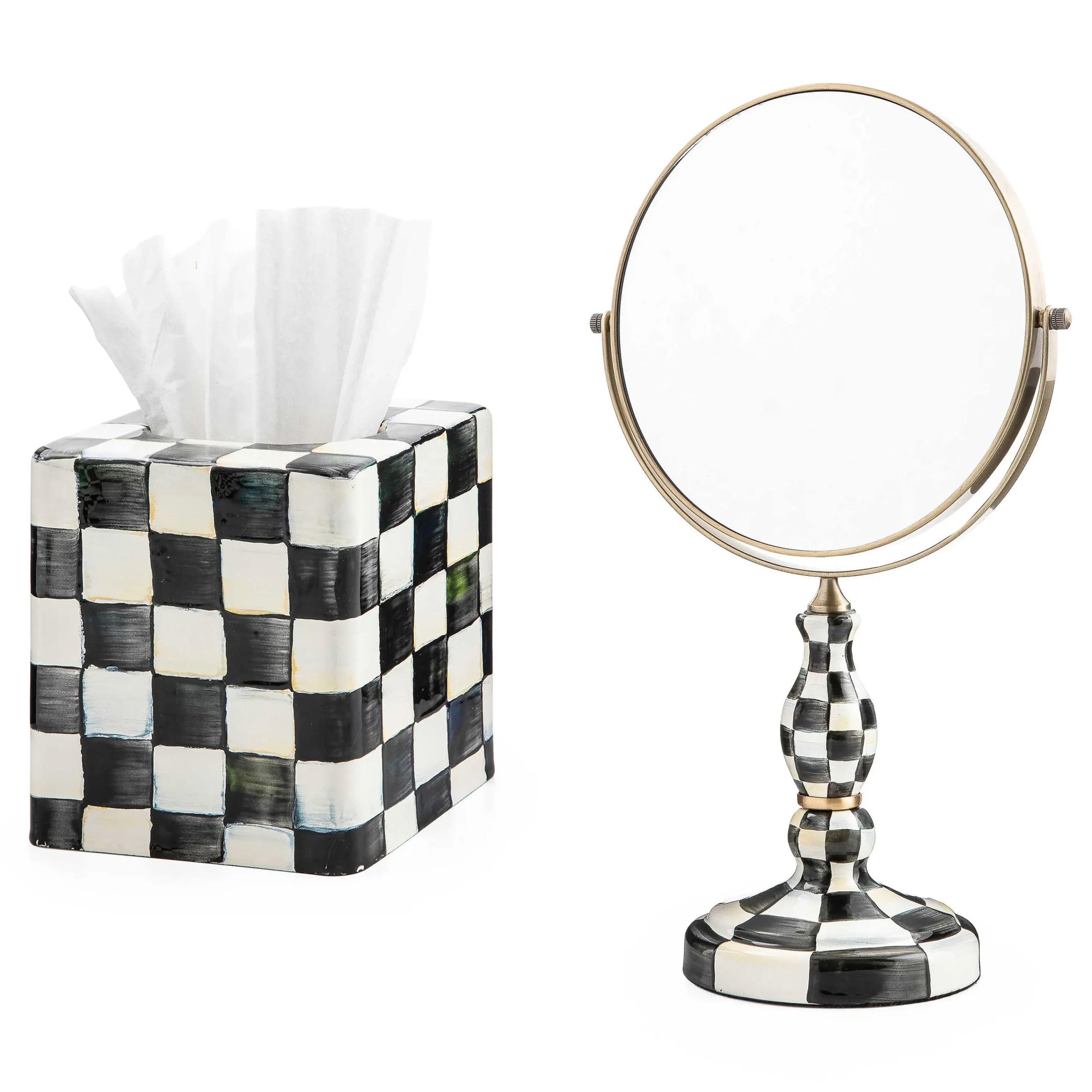 MacKenzie-Childs Courtly Check Vanity Mirror Tissue Box Cover Set| Decor Sets|Bath & Bath Accessories