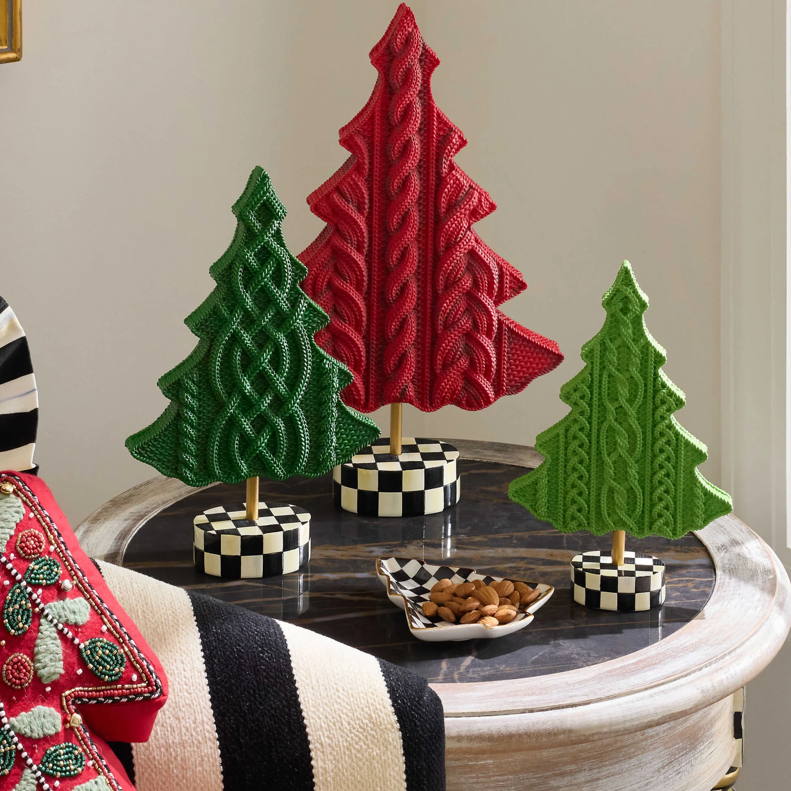 MacKenzie-Childs Cozy Christmas Cable Knit Trees, Set of 3| Holiday|Room Accents