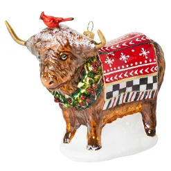 MacKenzie-Childs Cozy Christmas Highland Cow Glass Ornament| Holiday