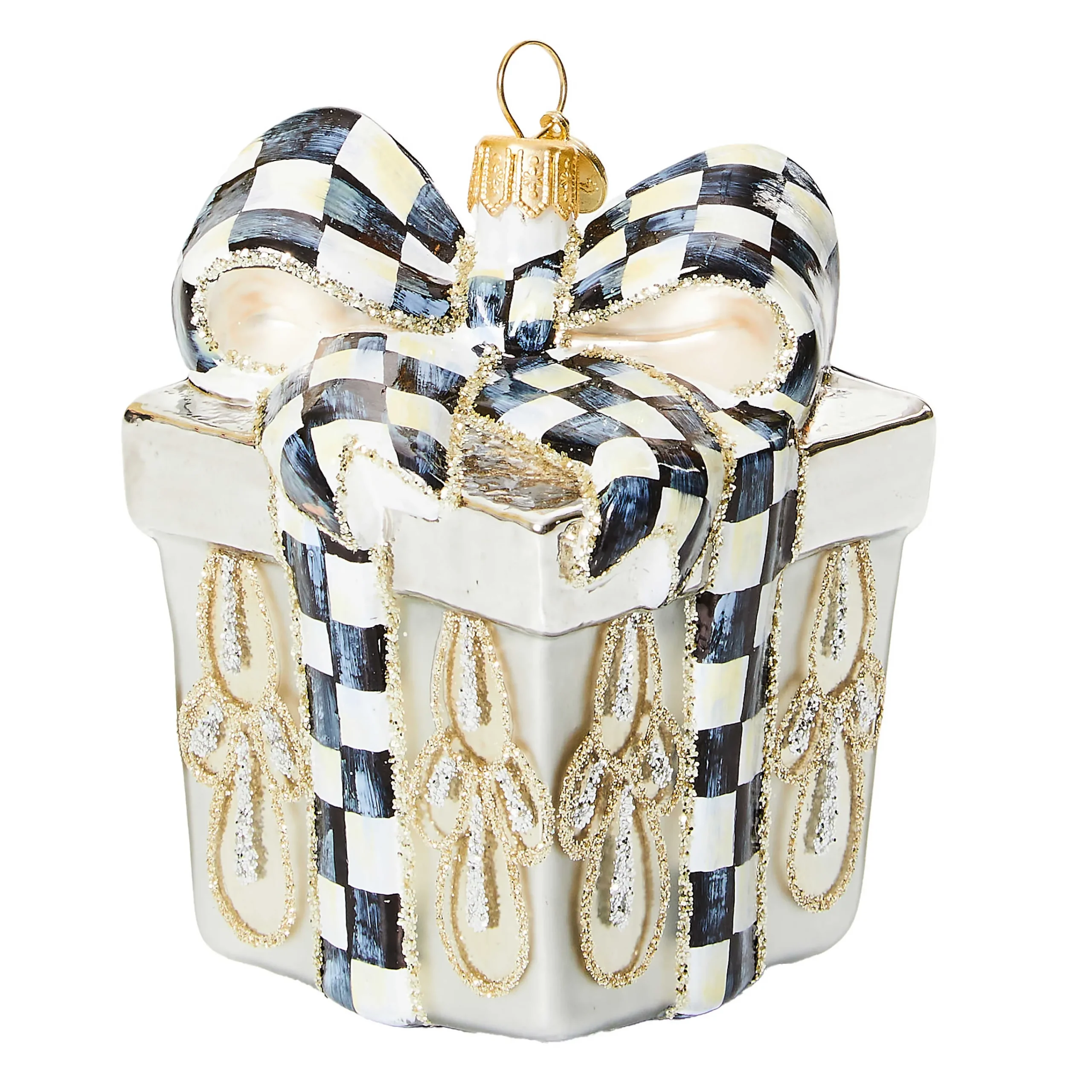 MacKenzie-Childs Crystal Palace Gift Box Glass Ornament| Holiday